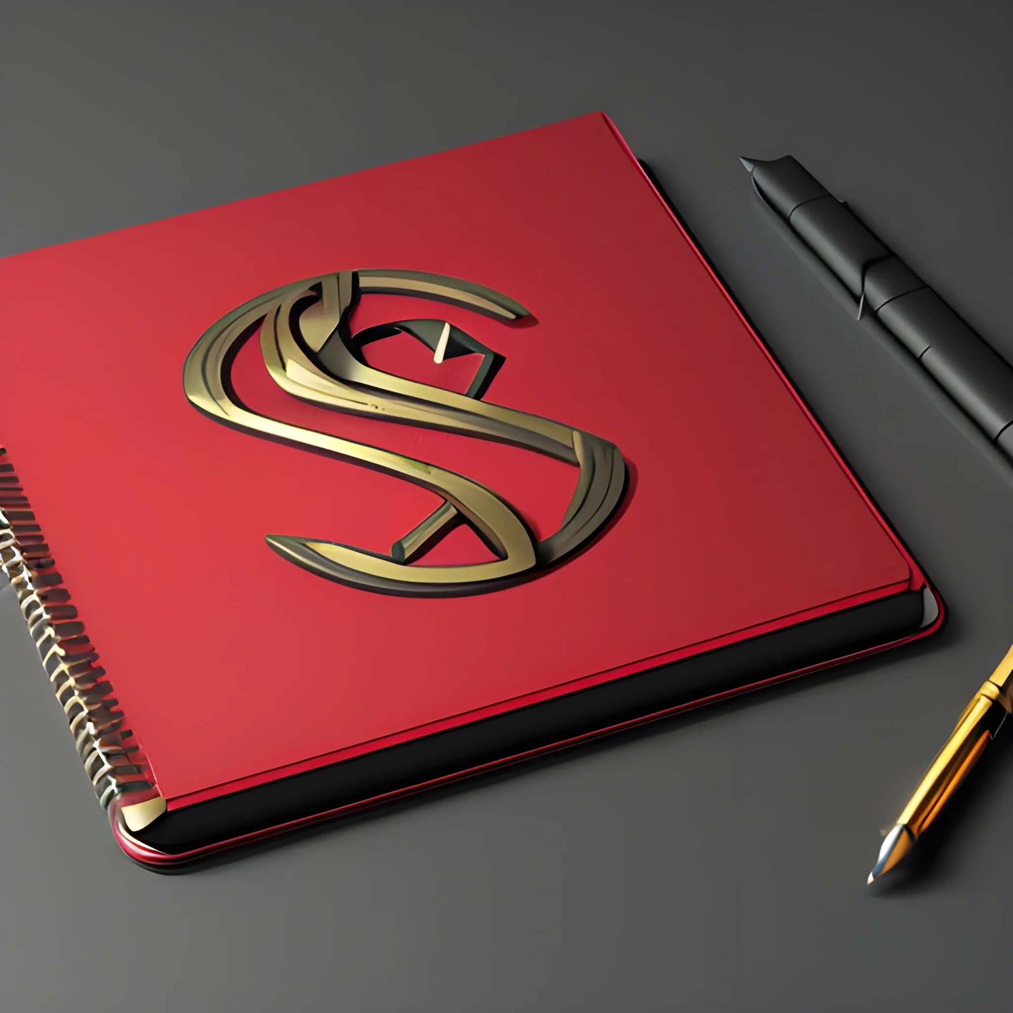 it's a logo with a metal notepad cover, metallic red and metalli