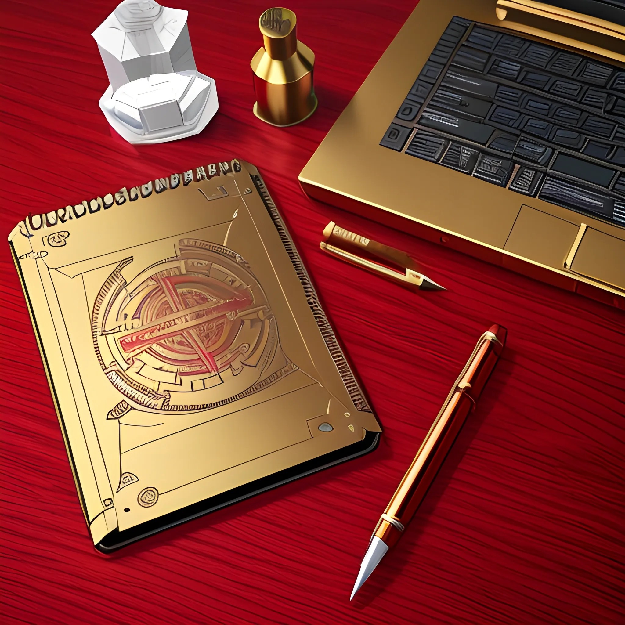 it's a logo with a metal notepad cover, metallic red and metalli