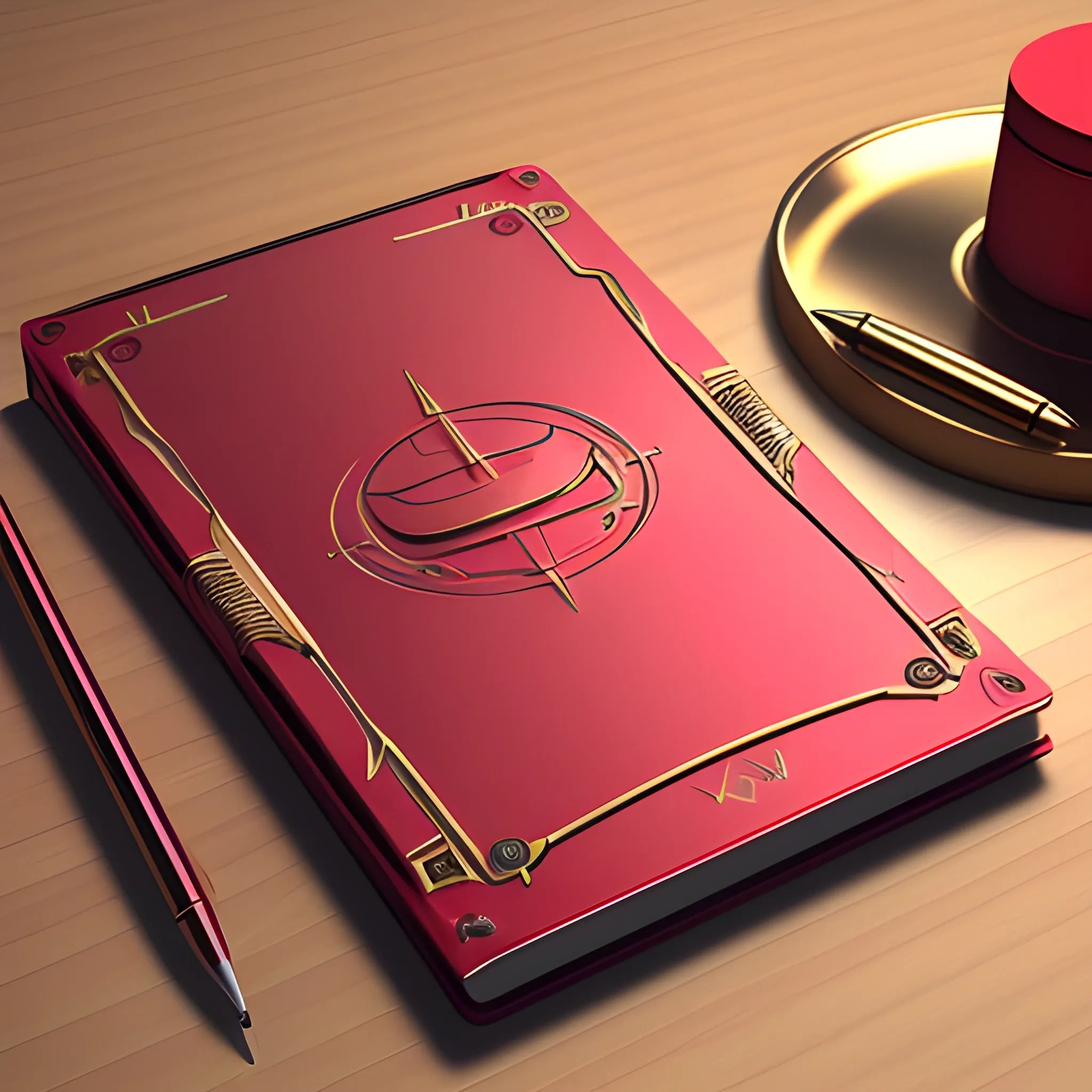 it's a logo with a metal notepad cover, metallic red and metalli