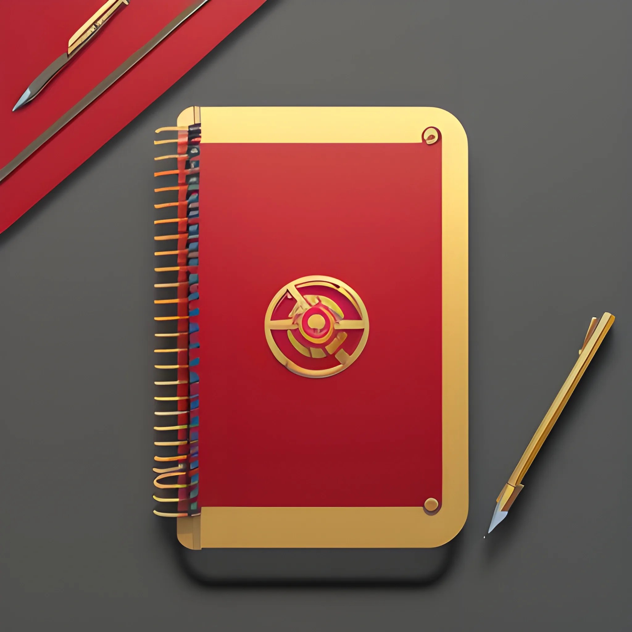 it's a logo with a metal notepad cover, metallic red and metalli