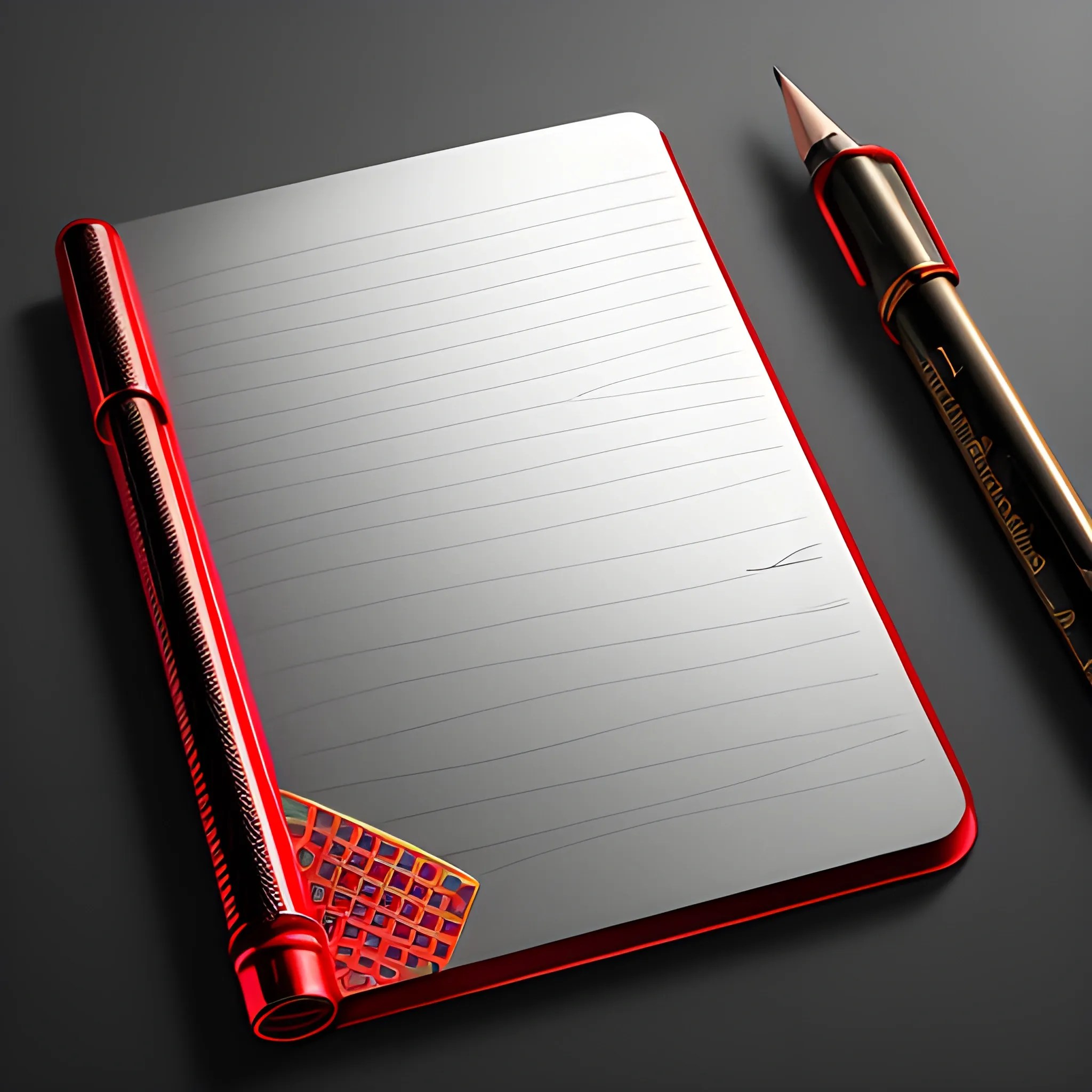 it's a logo with a metal notepad cover, metallic red and metalli