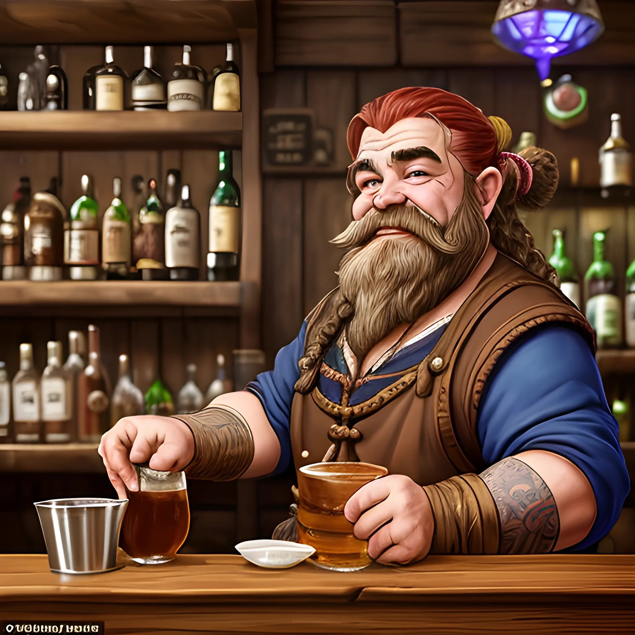 Appearance The bartender is a stout and robust Dwarf, a natural