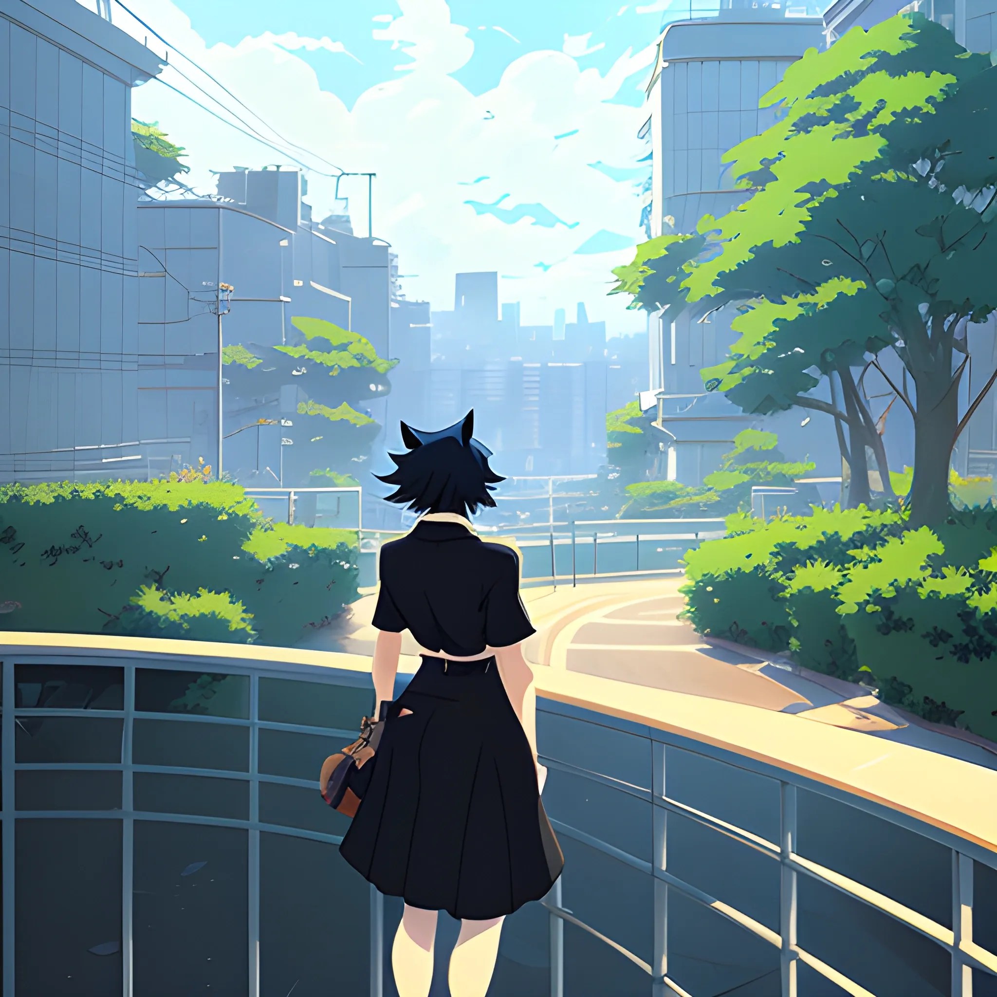 a girl with a black cat on her shoulder, an anime drawing by Mak