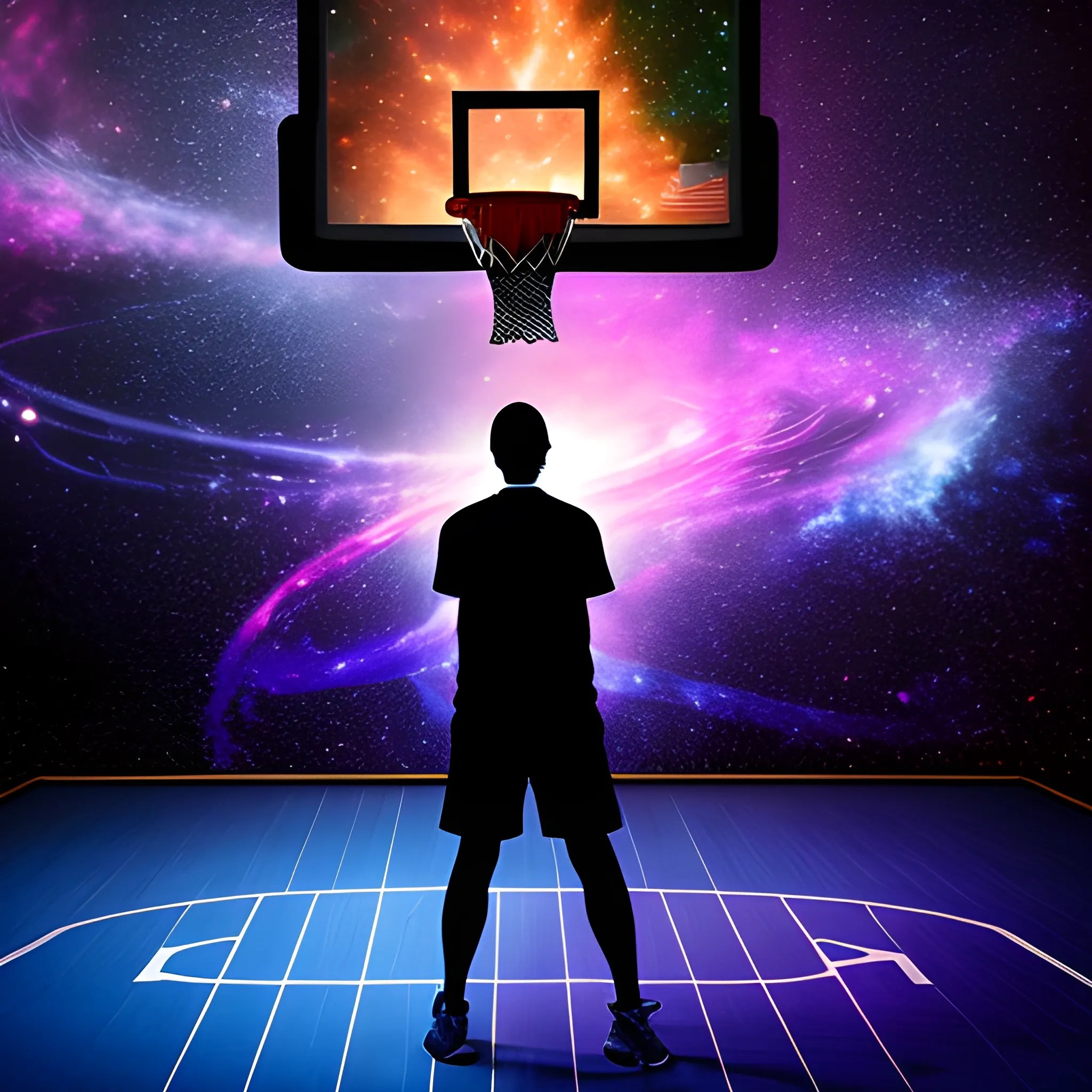 A PLAYER FROM THE BACK SHOTS A BASKETBALL HOOP IN SPACE WITH A G