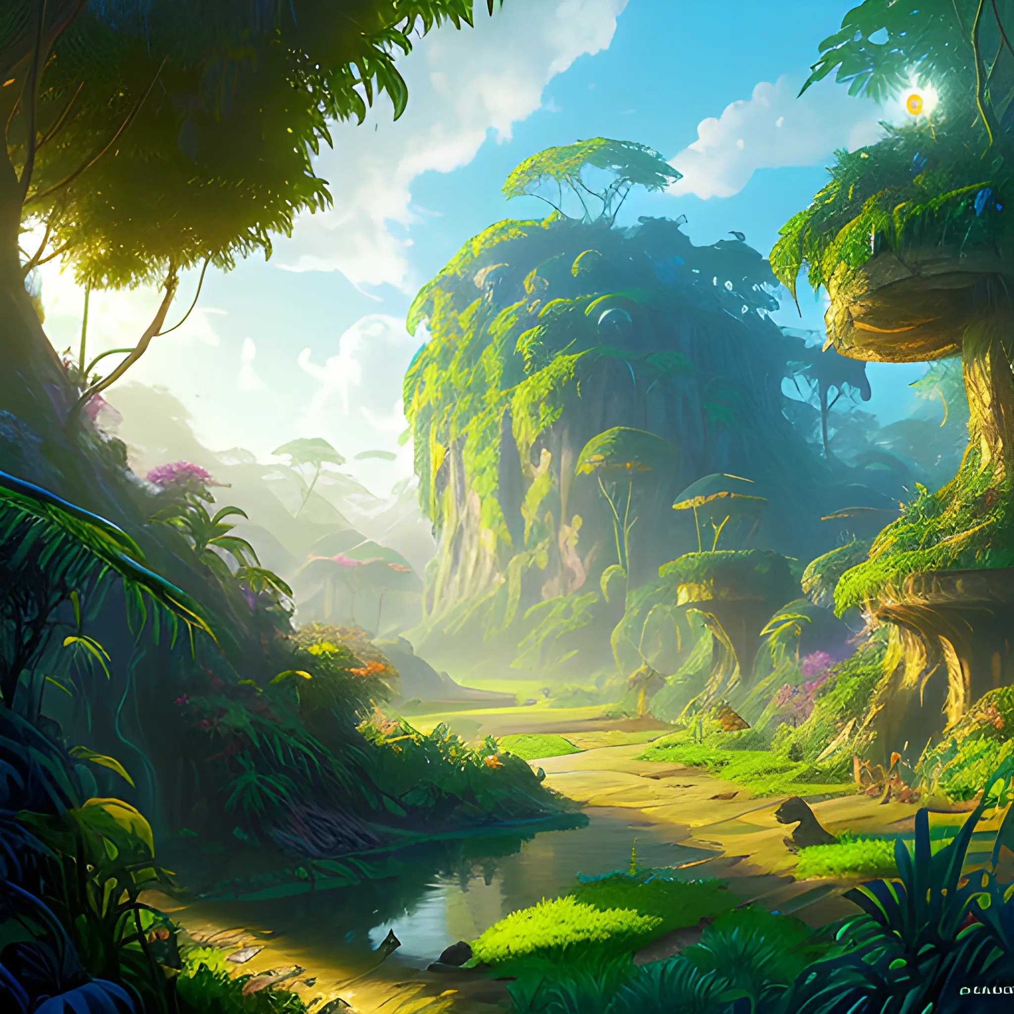 concept art painting of a fantasy jungle fairy landscape at morn