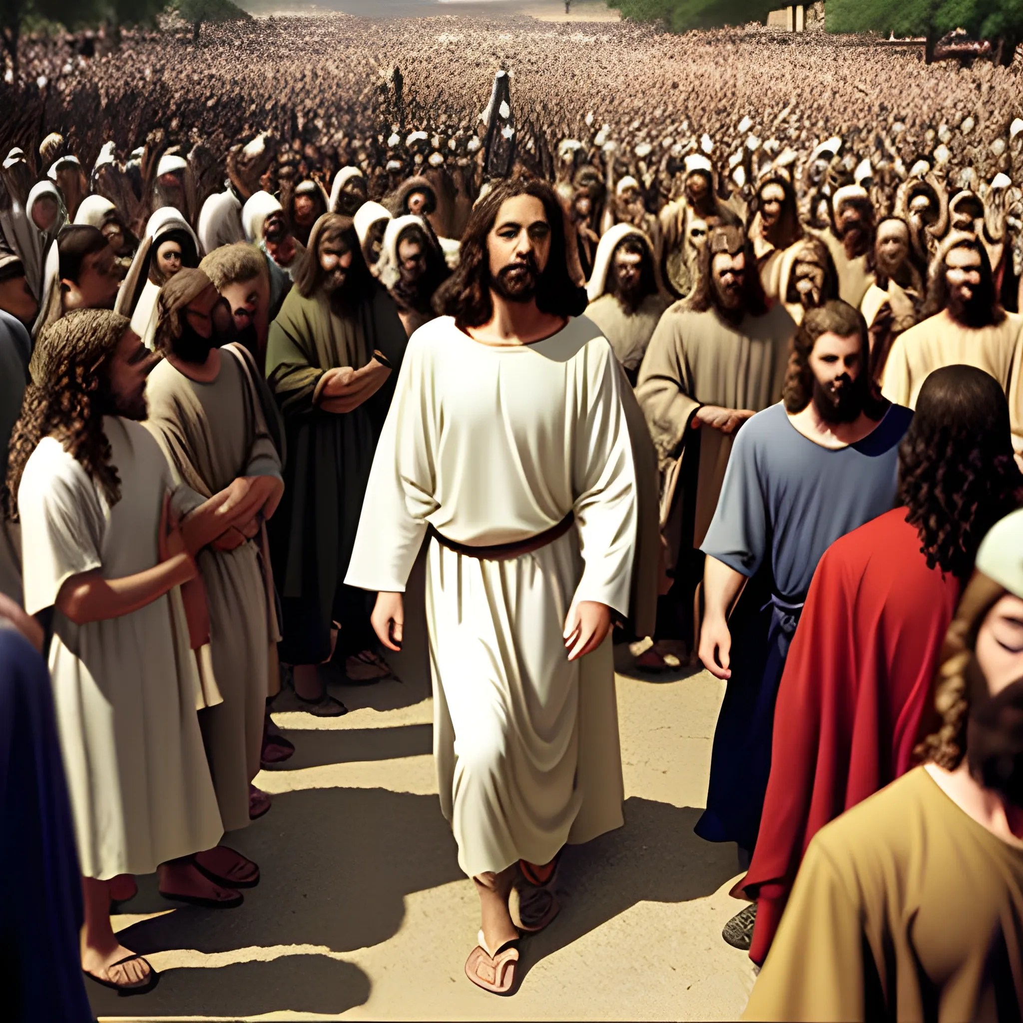 Jesus walking with his disciples, through the people. Arthub.ai
