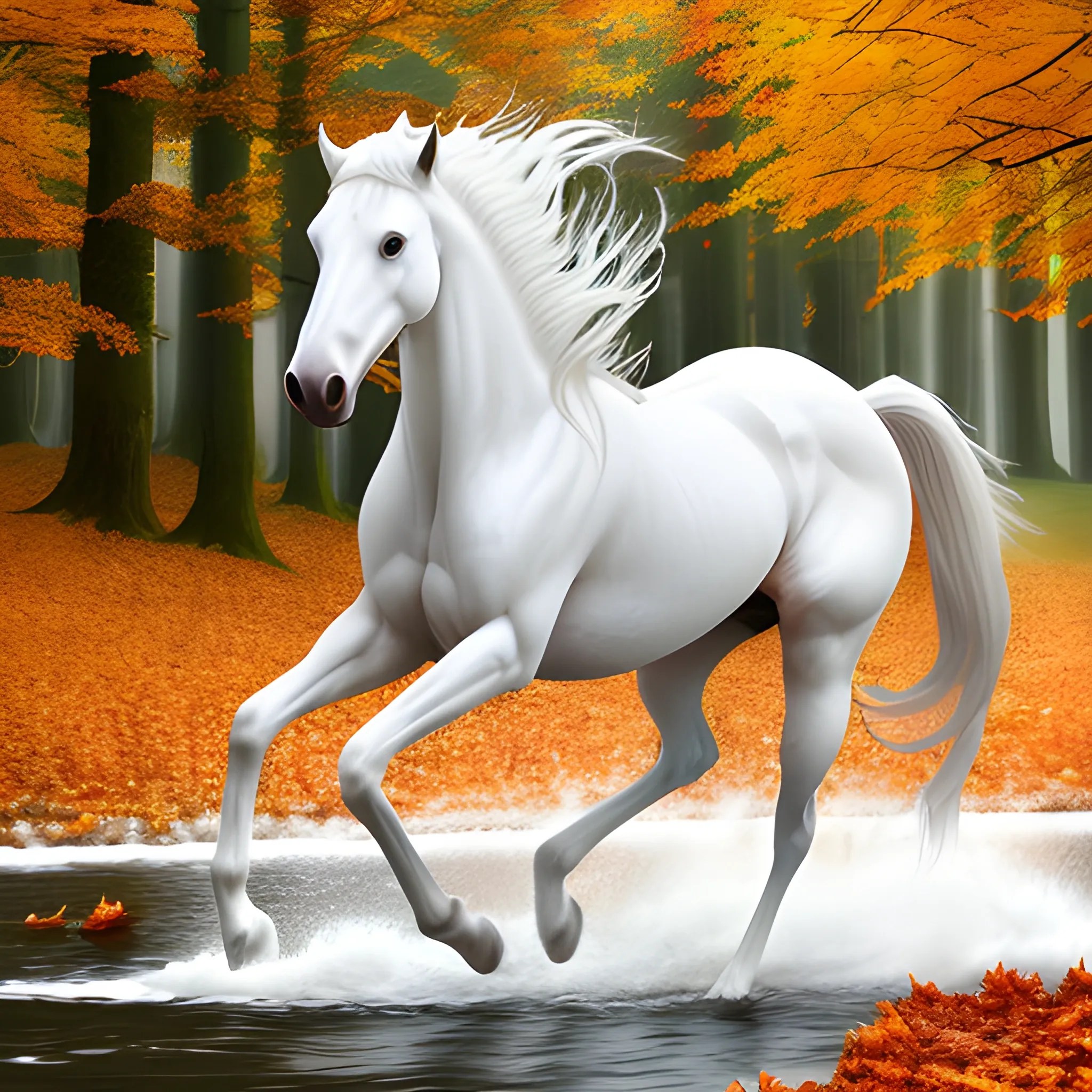 Modern girls, white horses, fallen leaves, long hair flowing, dr
