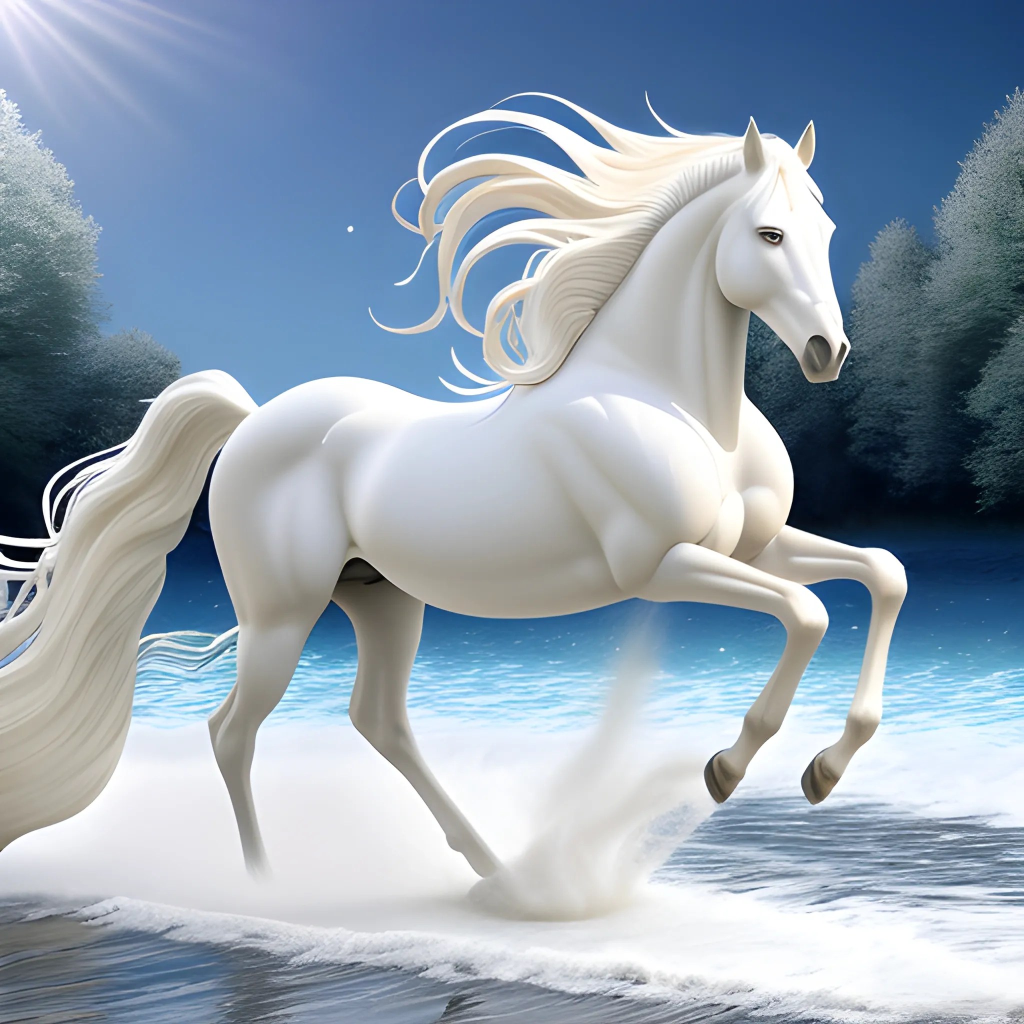 Modern girls, white horses, fallen leaves, long hair flowing, dr