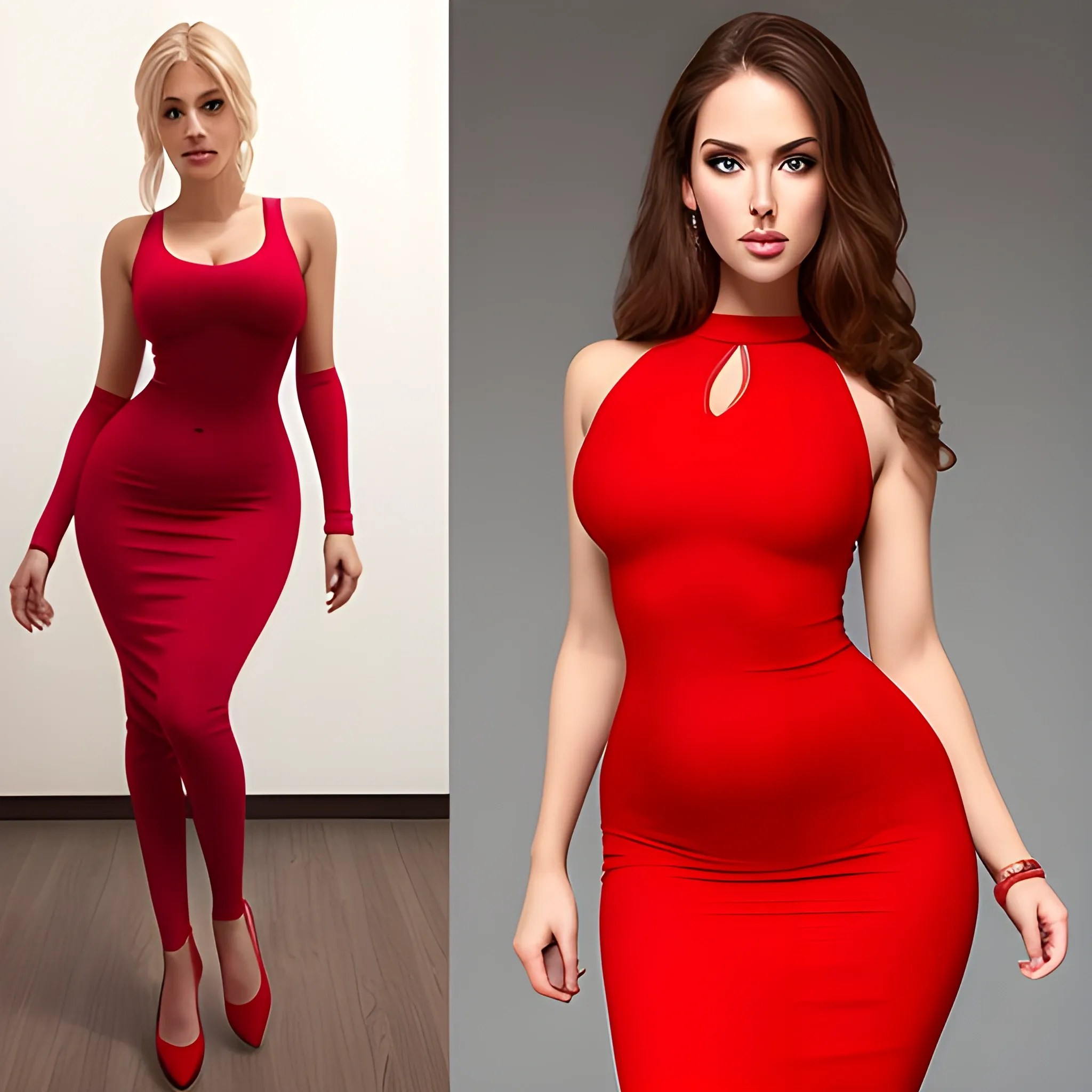 beautiful woman with an hourglass figure wearing a tight-fitting red dress - Arthub.ai