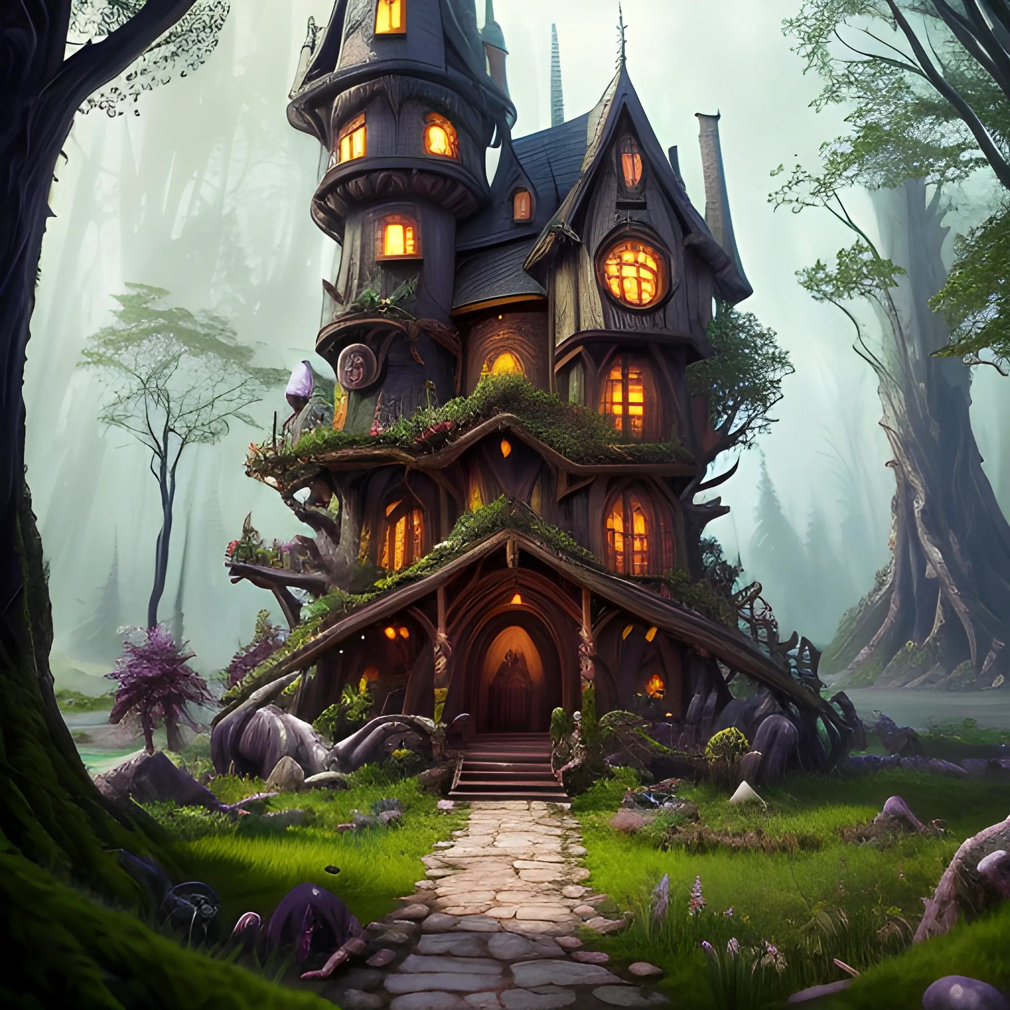 spell, magic, magic house, forest in the background,high fantasy