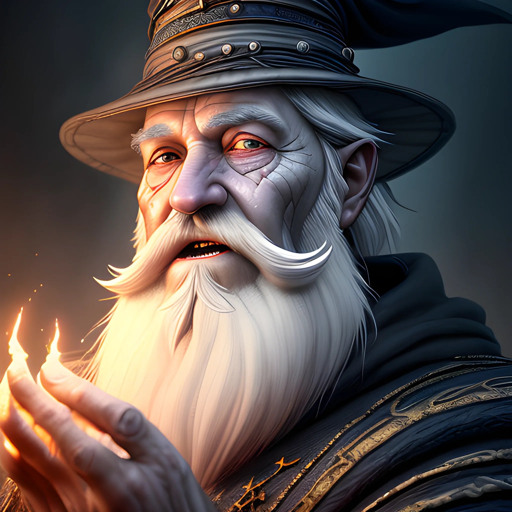 very old wizard, sorcerer with white beard, spell, magic, insane