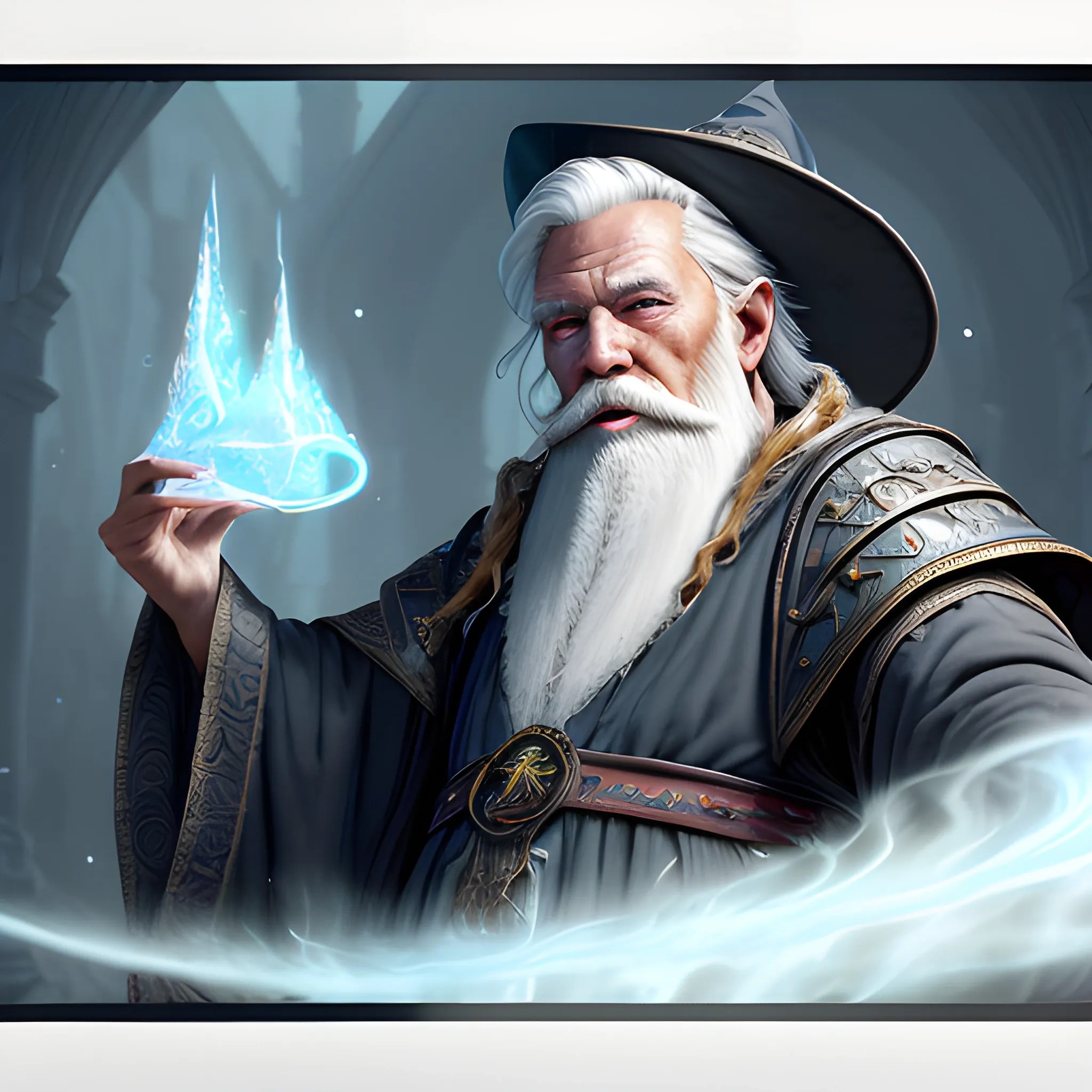 very old wizard, sorcerer with white beard, spell, magic, view a