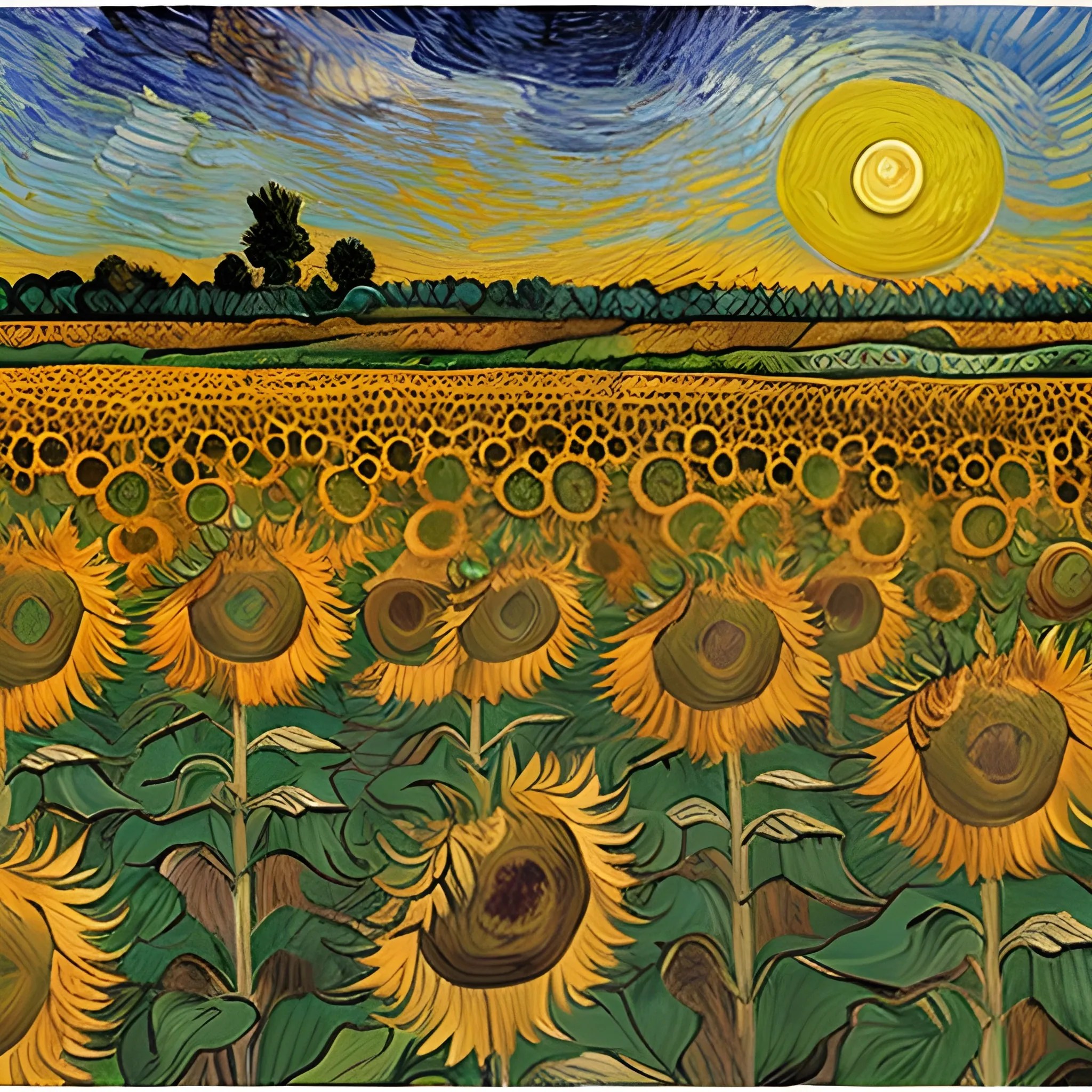 field of sunflowers, sunset, sky van gogh Arthub.ai