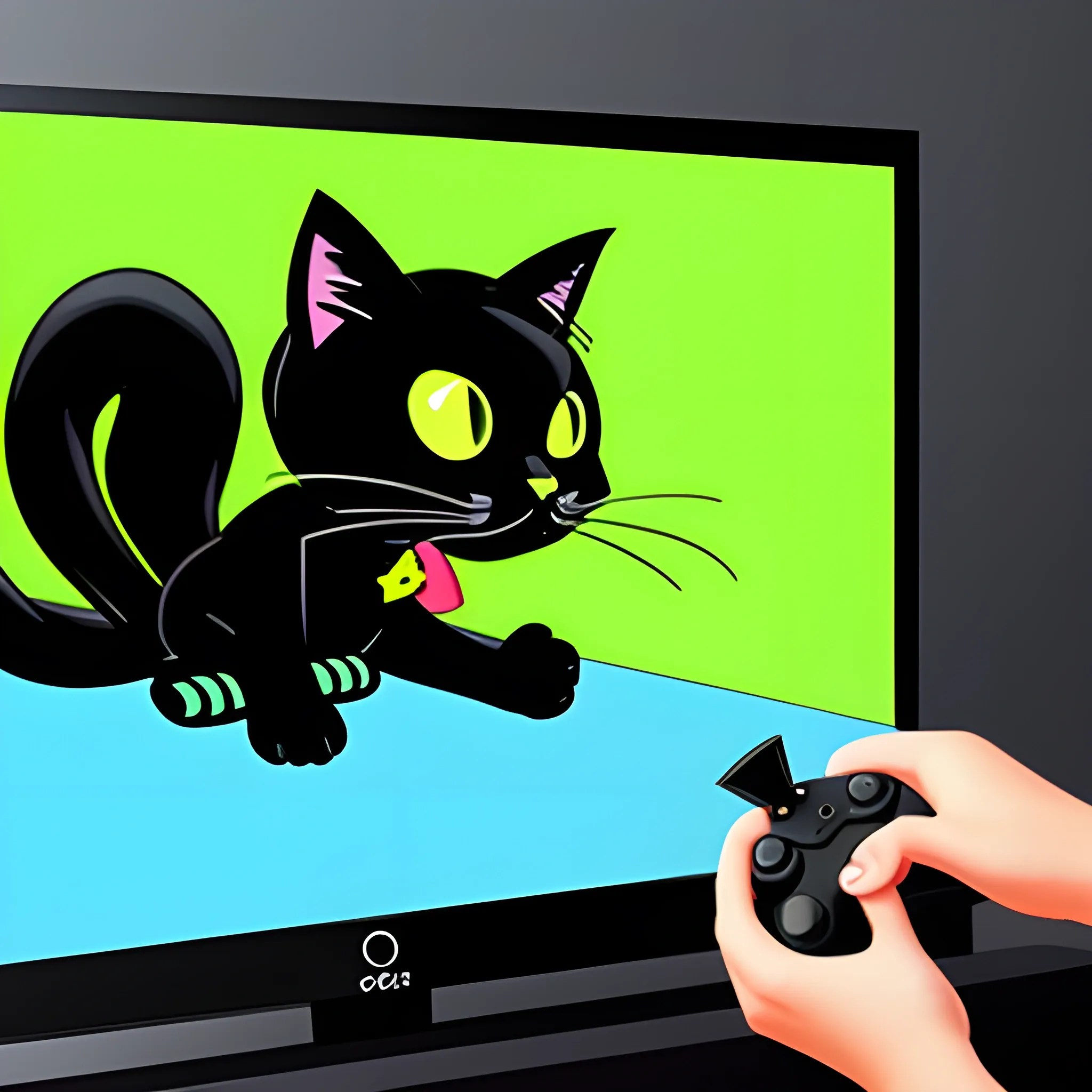 , Cartoon black cat playing a videogame Arthub.ai