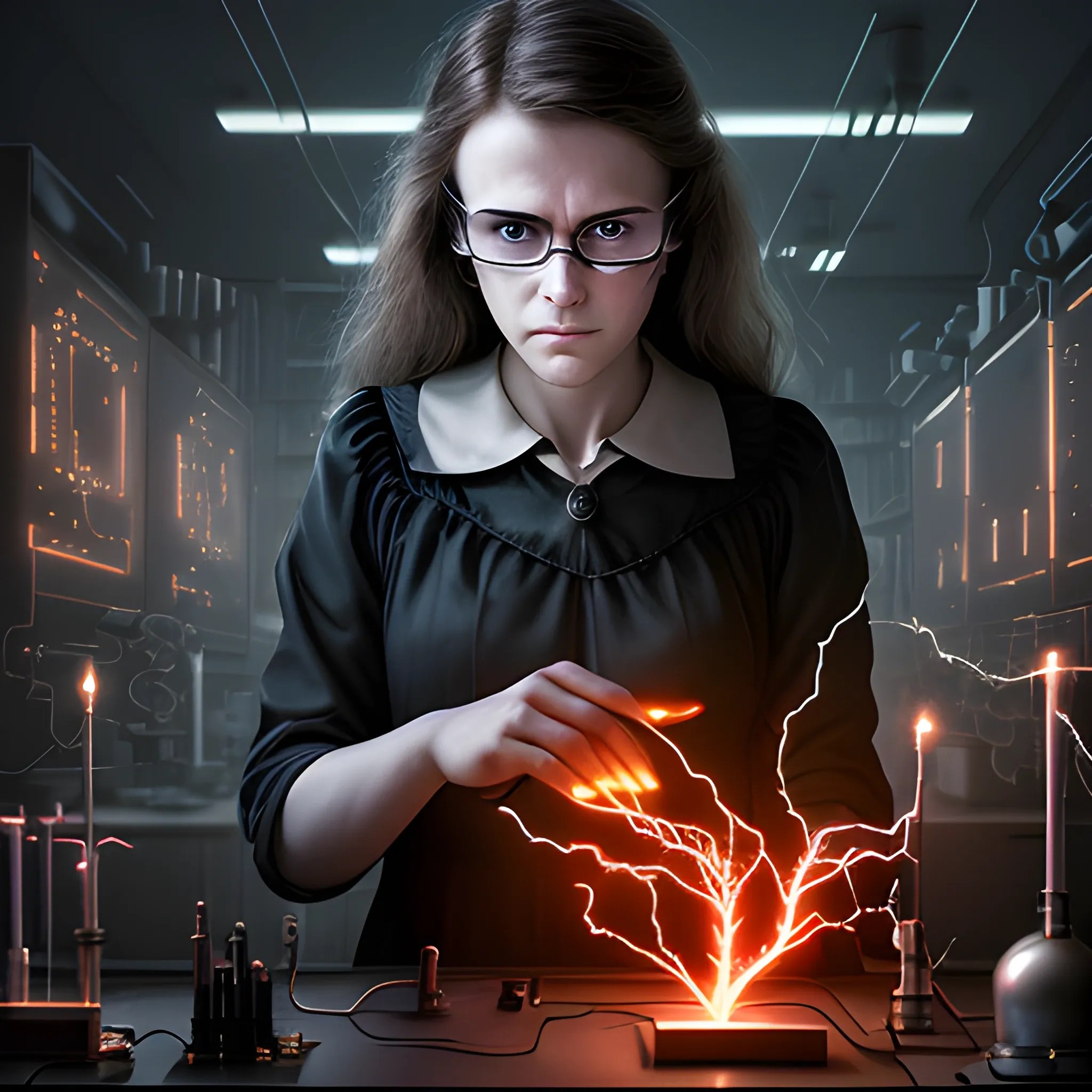 Teacher of Electronics, in a poorly illuminated laboratory, dark