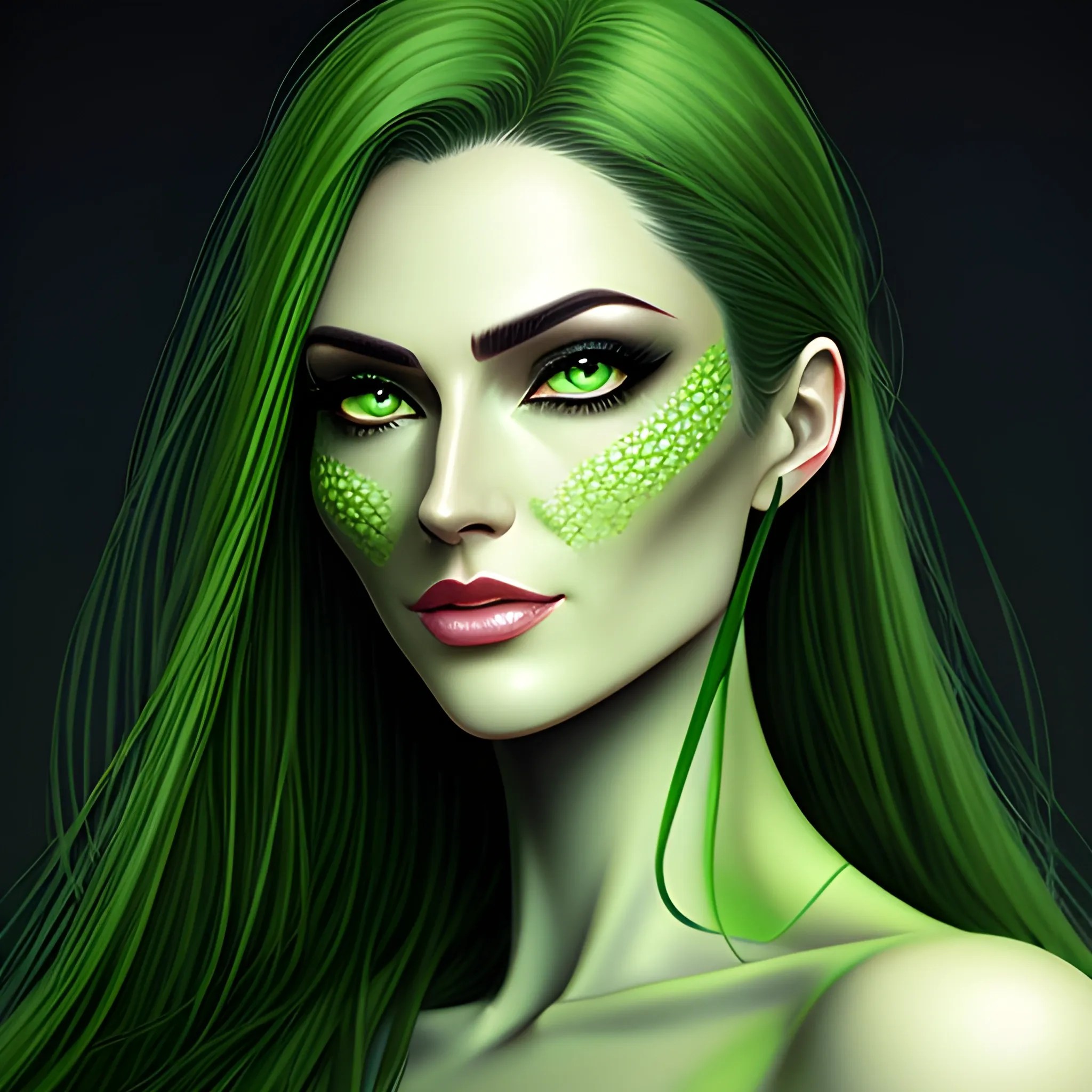 Beautiful girl with green eyes, high detail, green scene, haunti