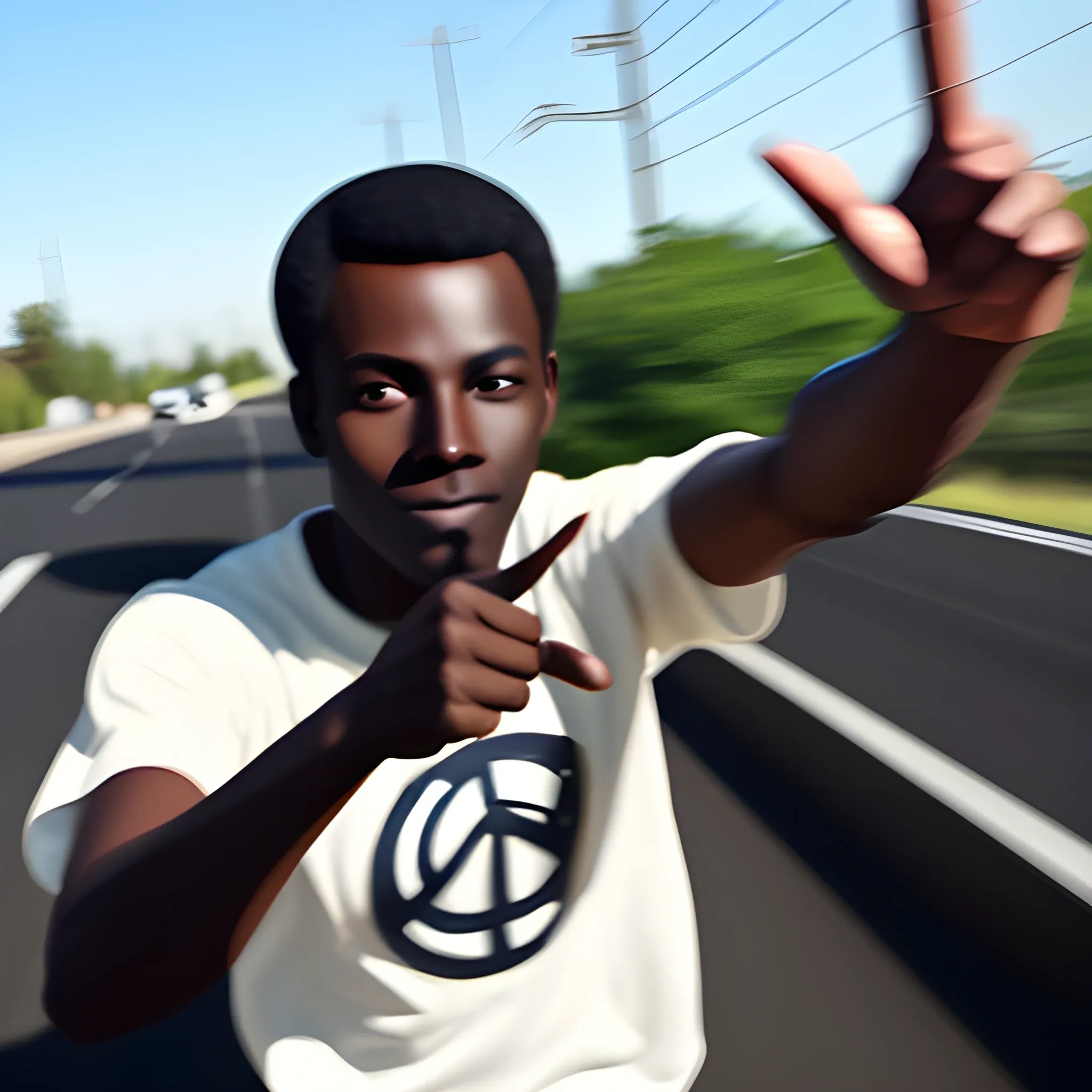 Dark skin male in high speed pursuit and throws up a peace sign