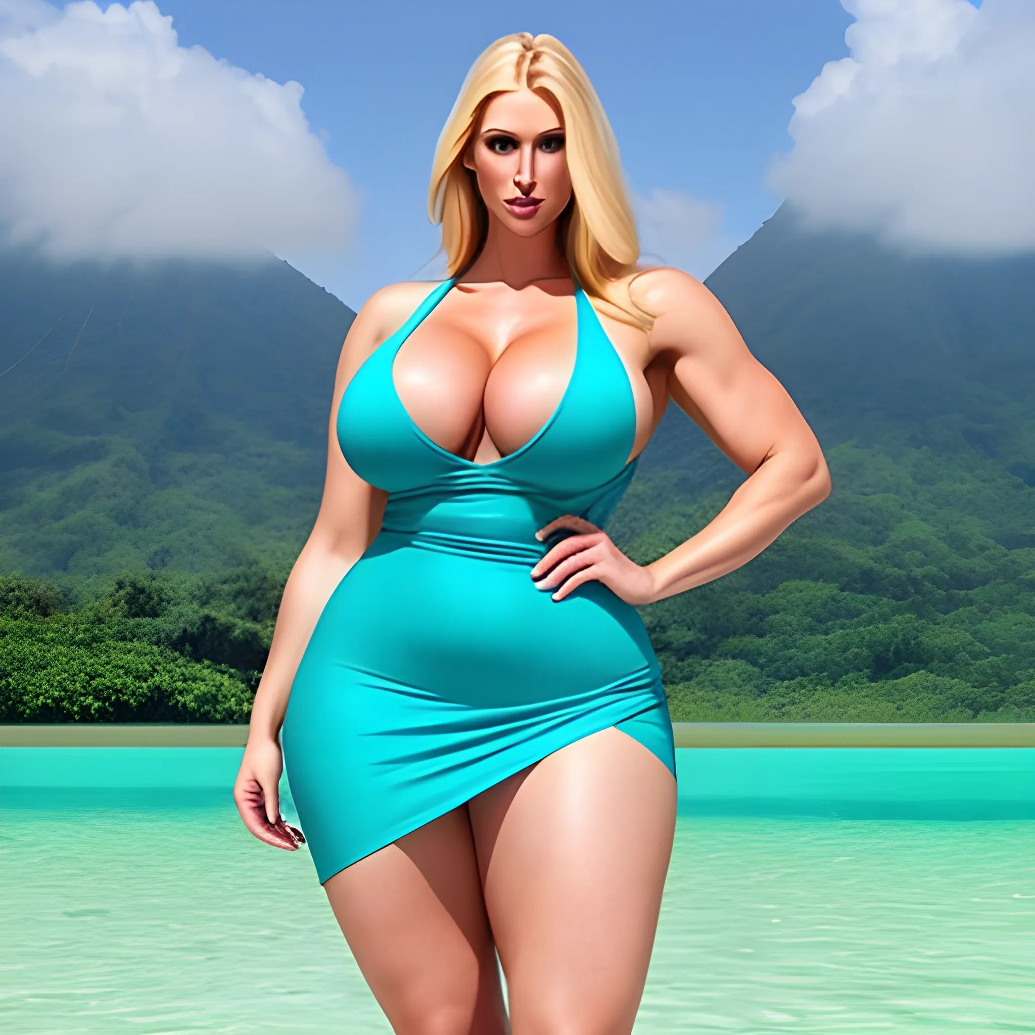 very tall muscular blonde girl, a little plus size, straight bod