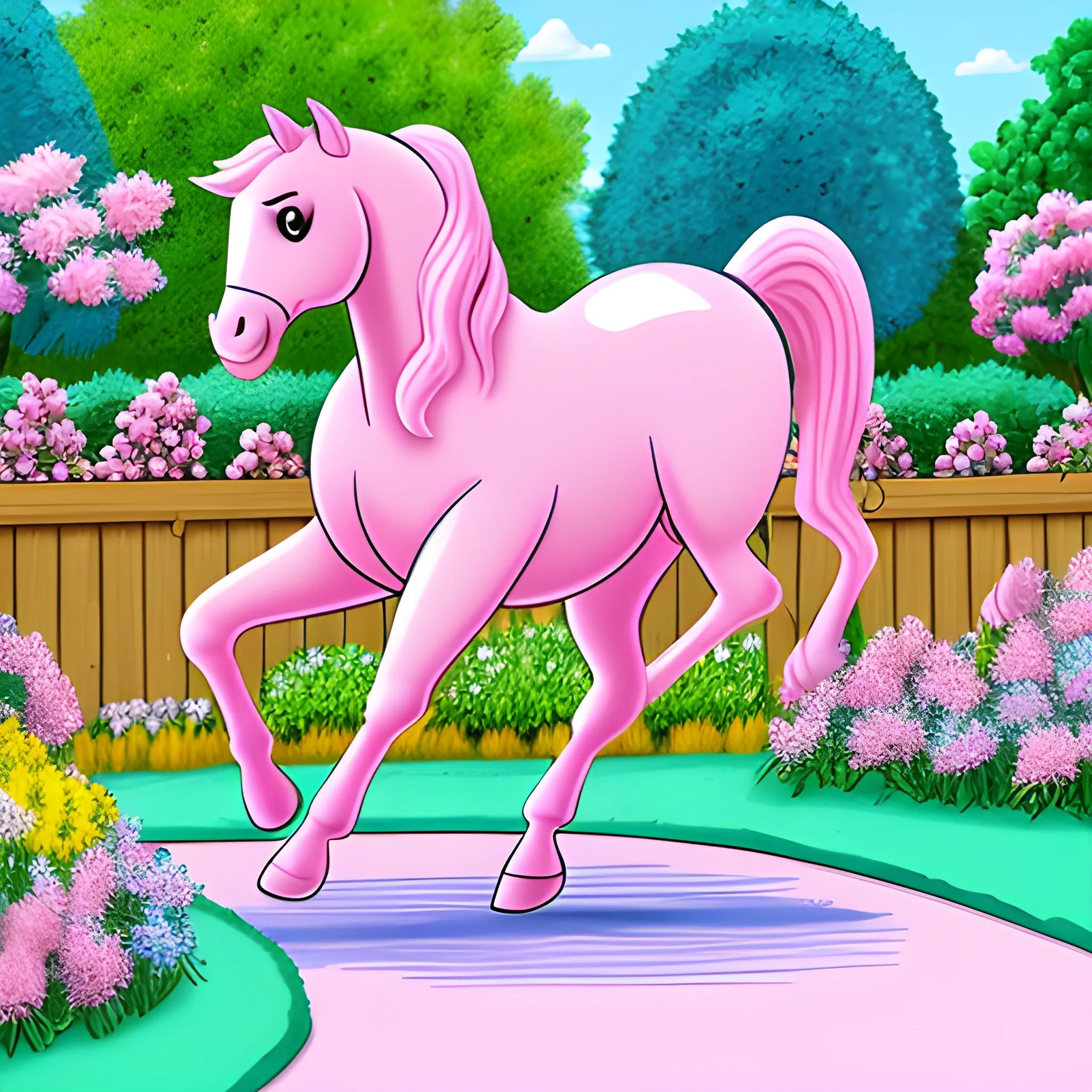 pink horse running in light blue garden, Cartoon Arthub.ai