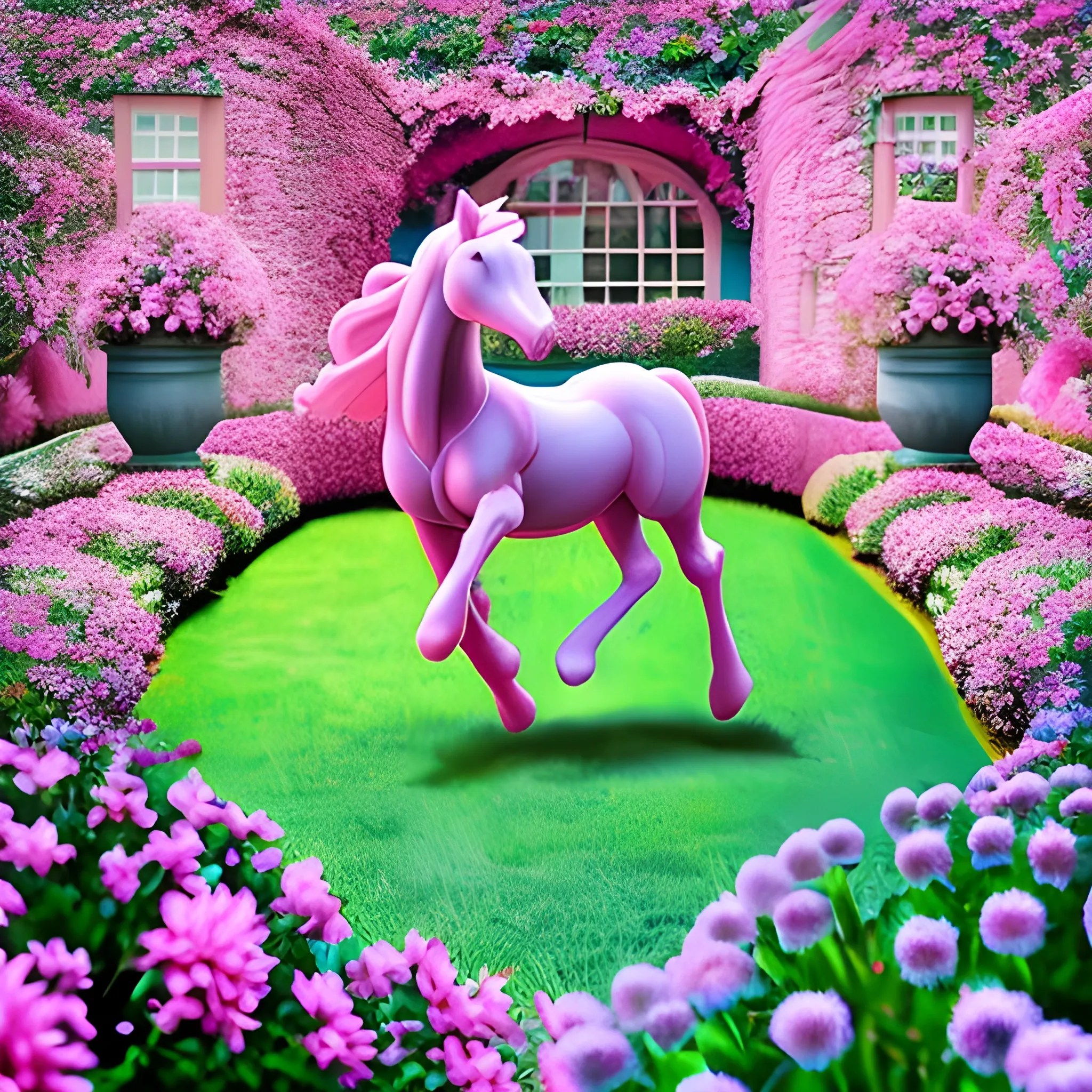 pink horse running in light blue garden, Trippy Arthub.ai