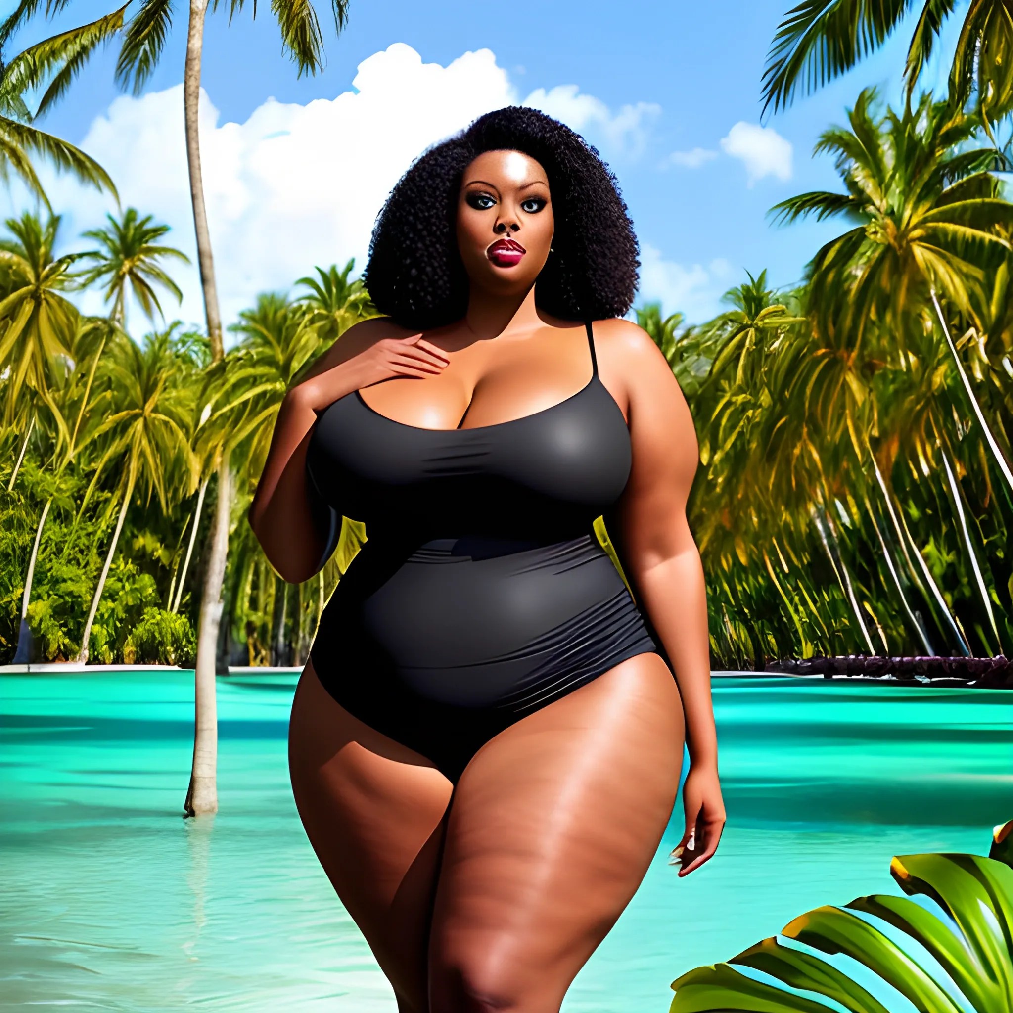 very tall black girl, with straight plus size body, small head, broad