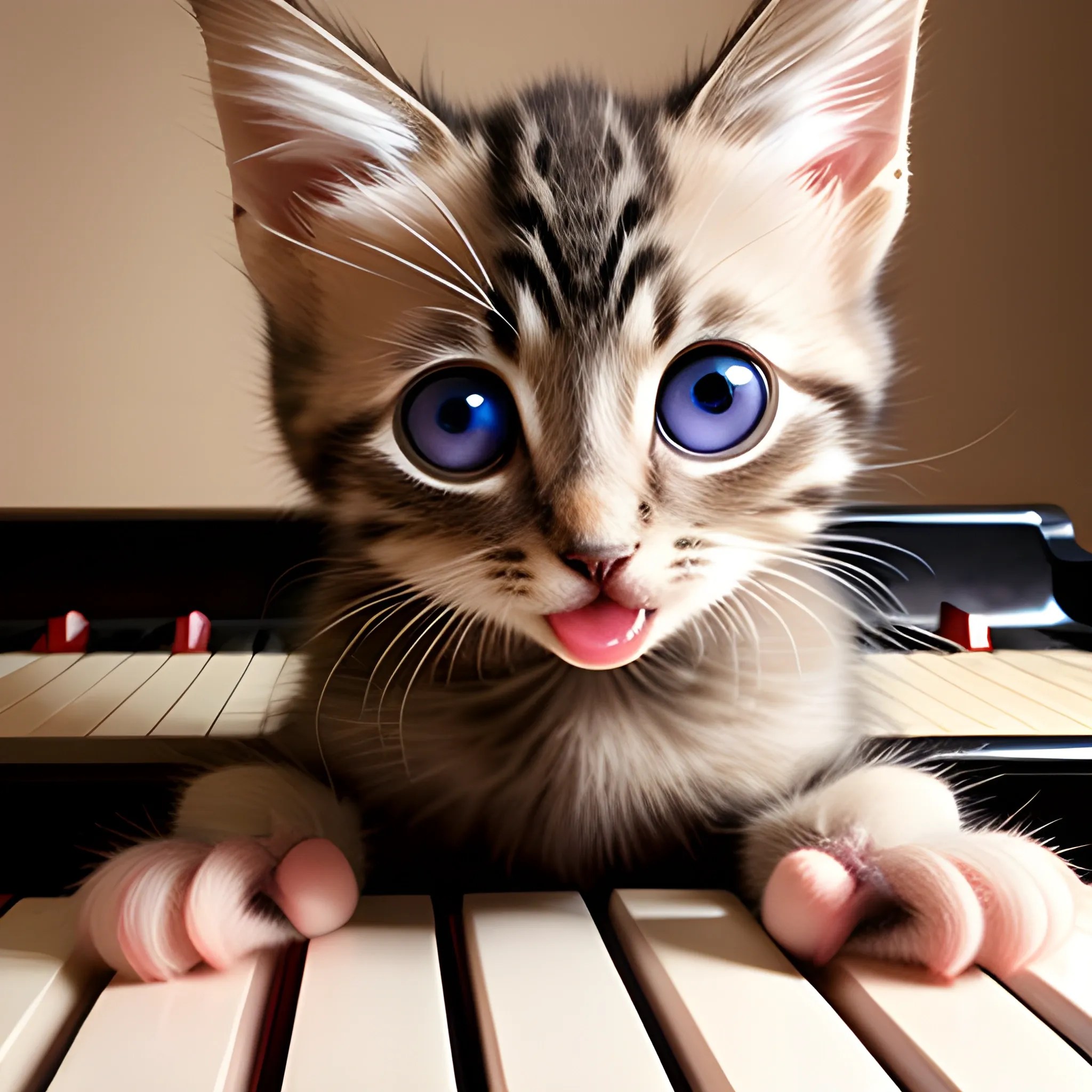 kitten with large eyes playing chopsticks on the piano Arthub.ai