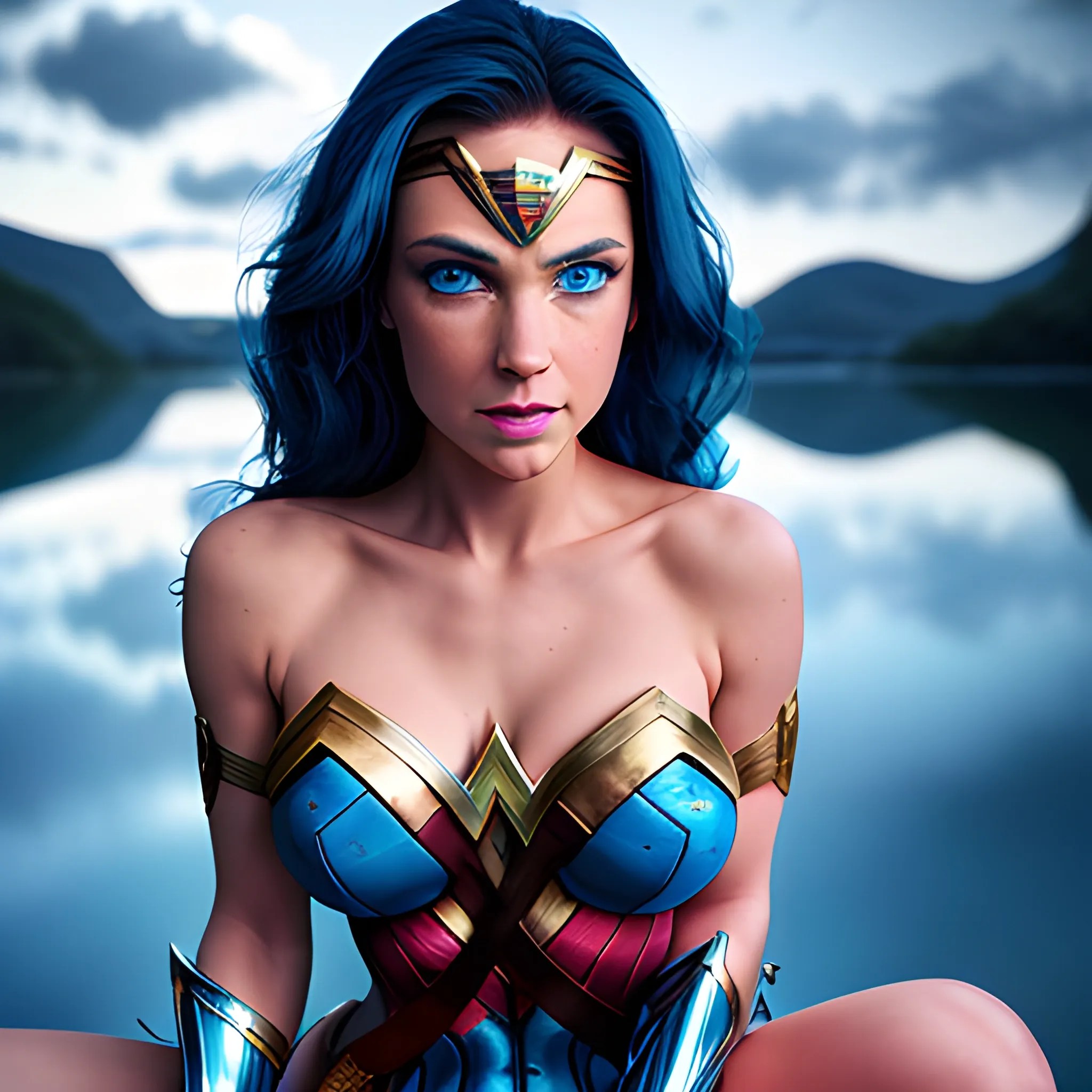 scantilyclad wonderwoman, sitting, lingerie, lake at night, fl