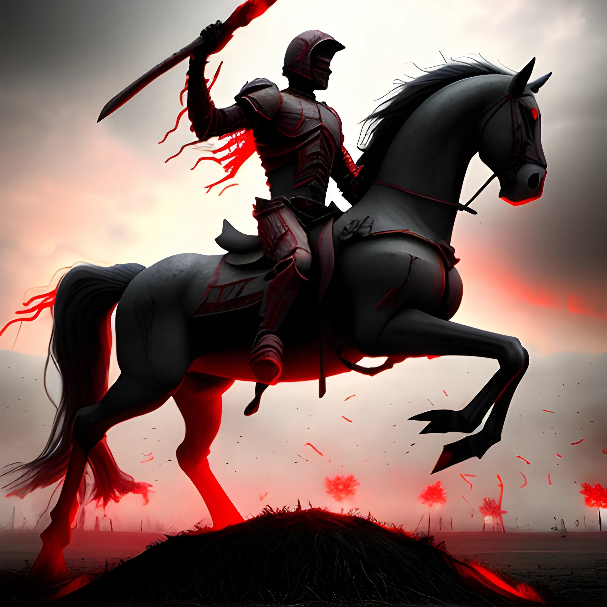 , 3D, Red Horseman of the Apocalypse, on the field of war, reali