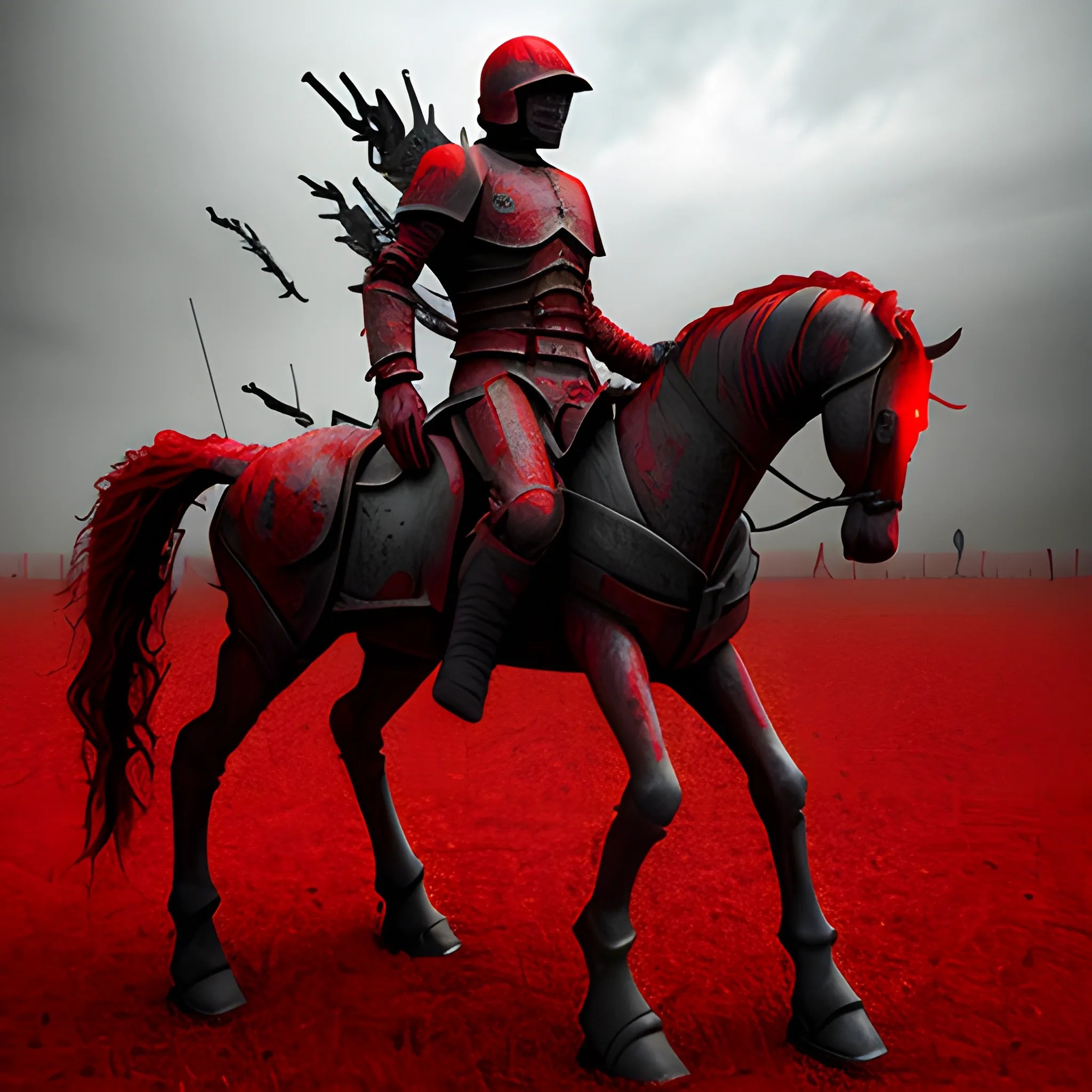 , 3D, Red Horseman of the Apocalypse, on the field of war, reali