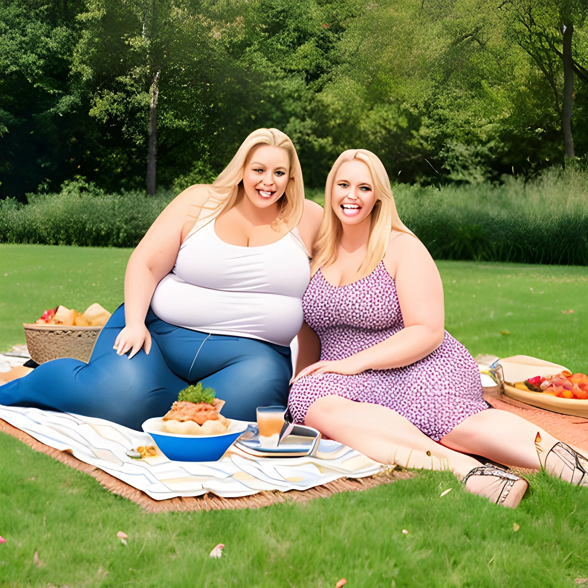 large overweight plus size thick blonde girl enjoying picknick with