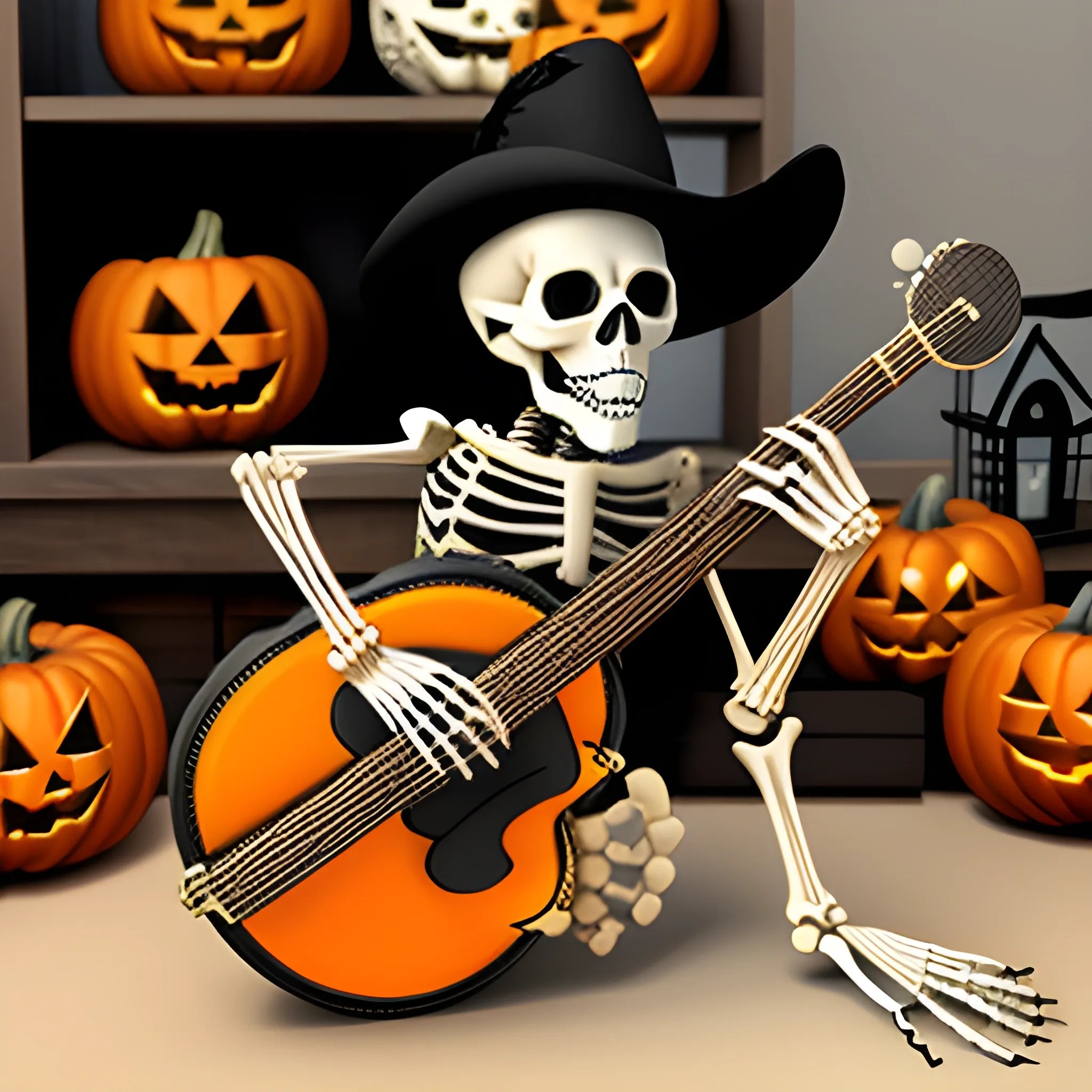 skeleton playing banjo for halloween decoration, 3D, 3D Arthub.ai