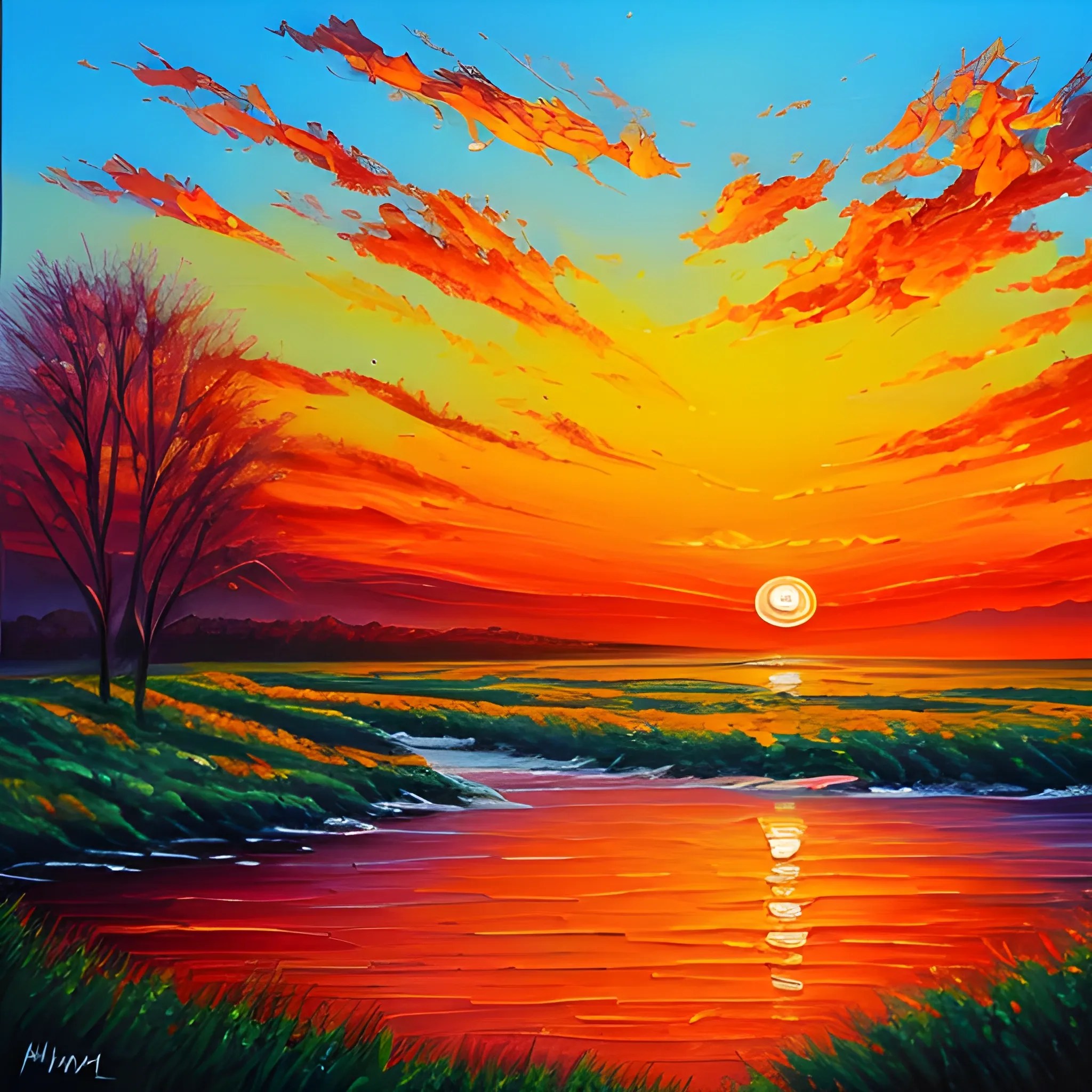 Sunset landscape painting, oil painting style Arthub.ai