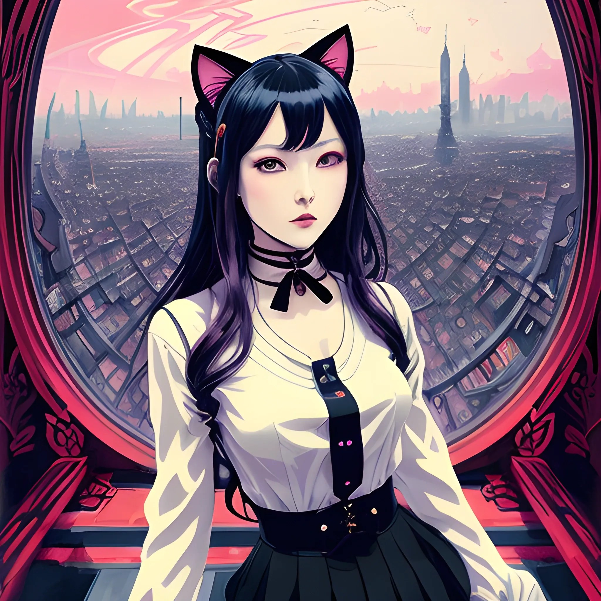 An image of a woman wearing cat ears in a manga art, anime style