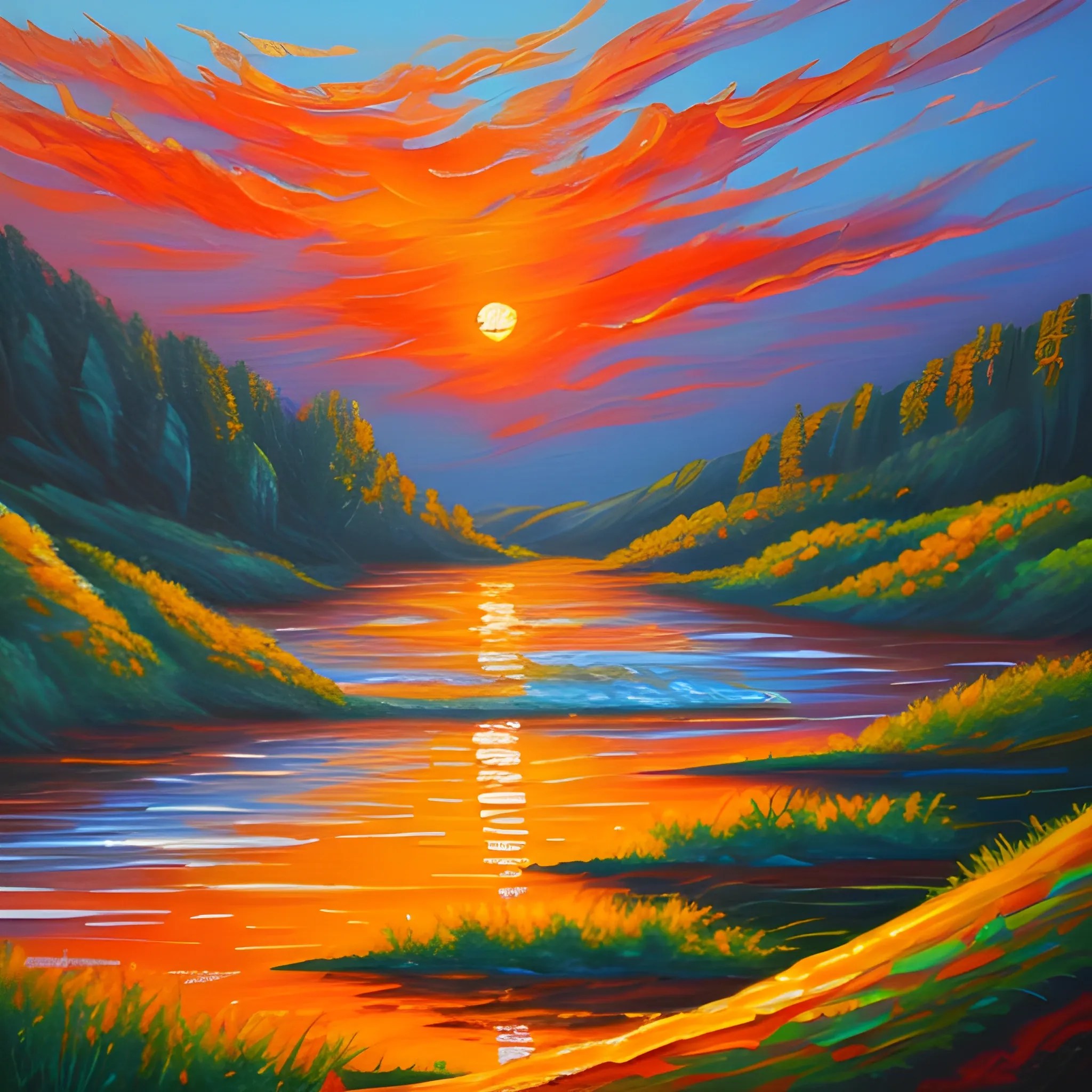 Sunset landscape painting, oil painting style Arthub.ai