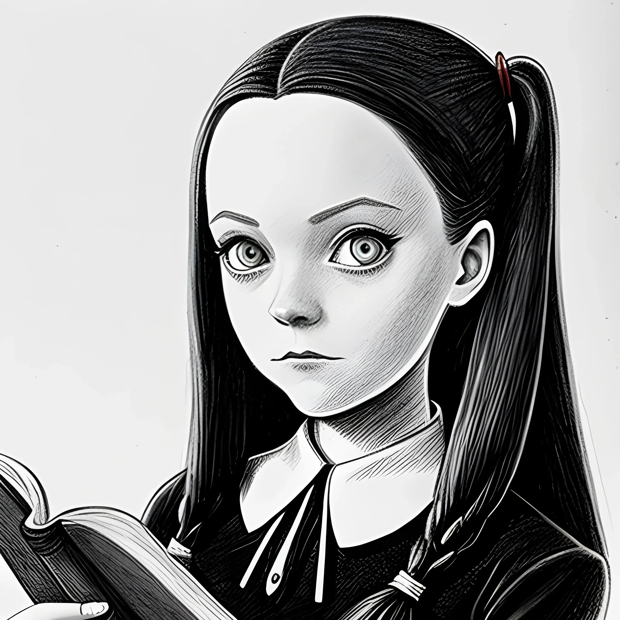pencil sketch of Wednesday Addams reading a book Arthub.ai