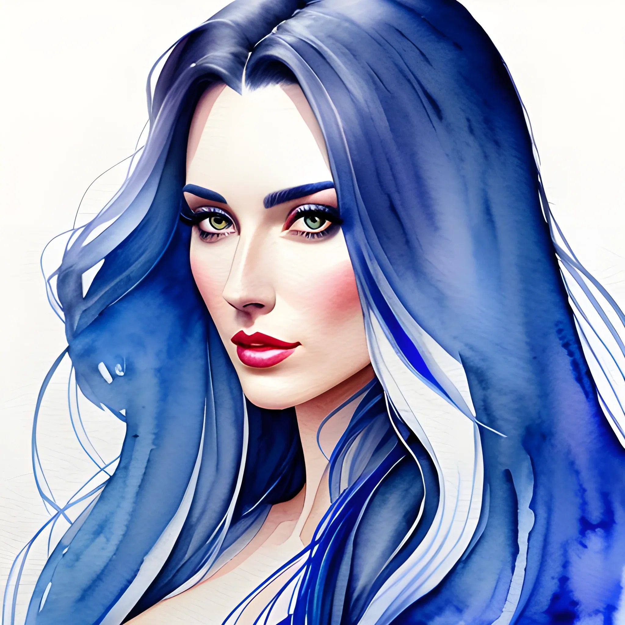 Beautiful modern girl, blue and white, long hair, portrait, hype
