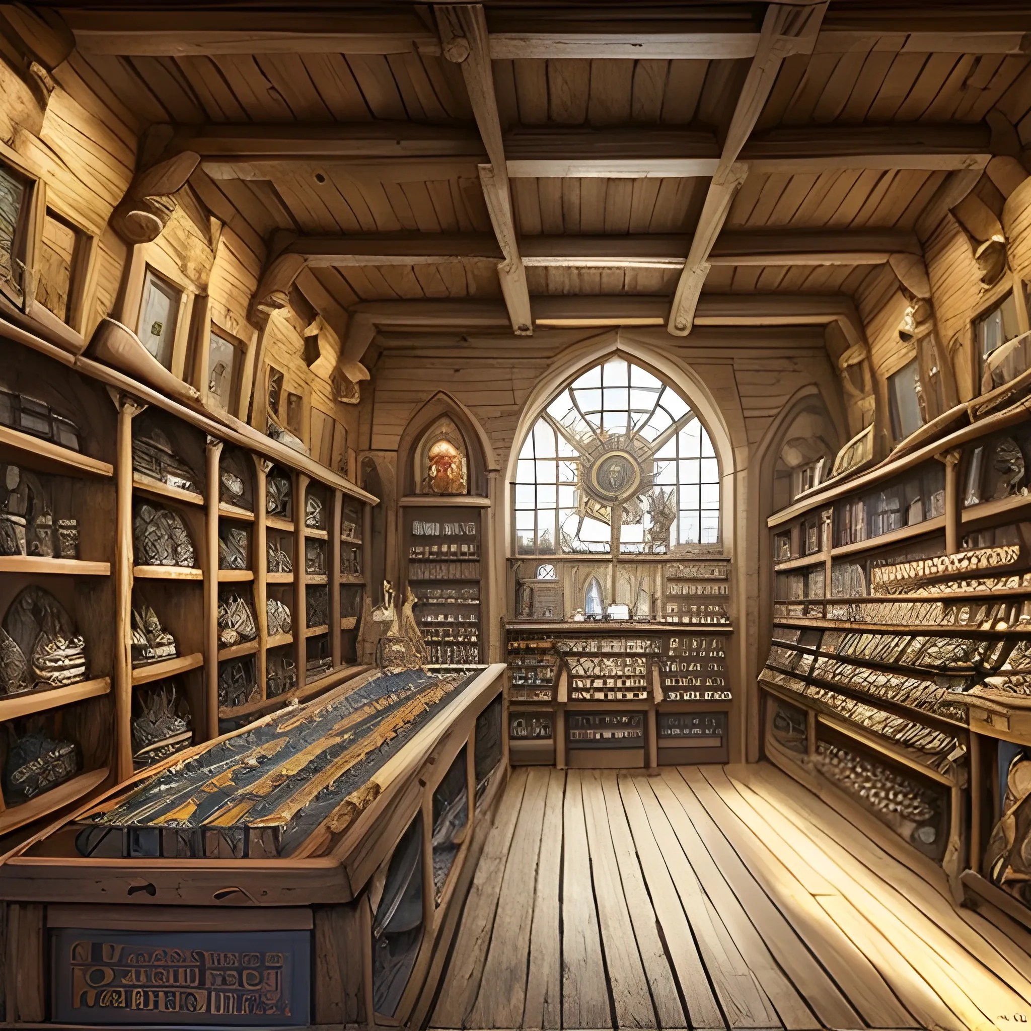 A bright medieval European shop without the shopkeeper, serving