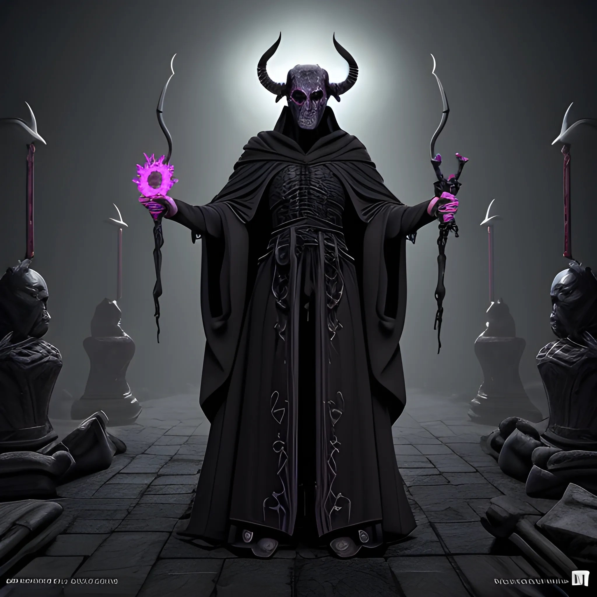 necromancer, horns, black robes, full body view, 8k, high resol