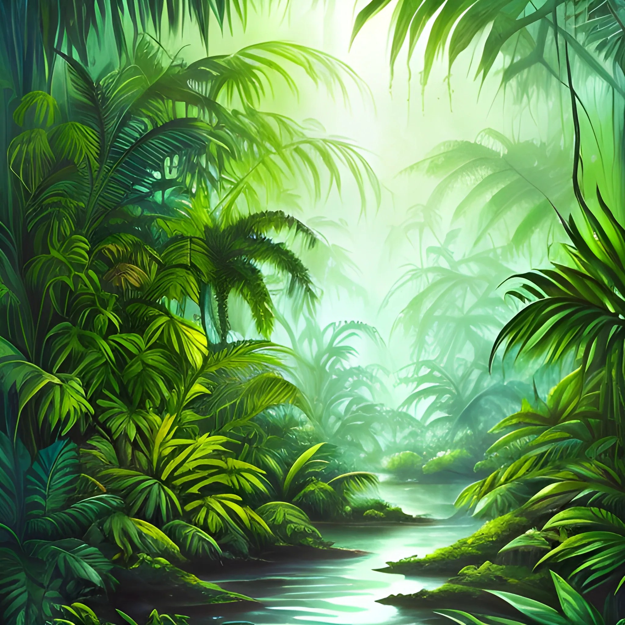 A mysterious jungle with dramatic light in the background, lush
