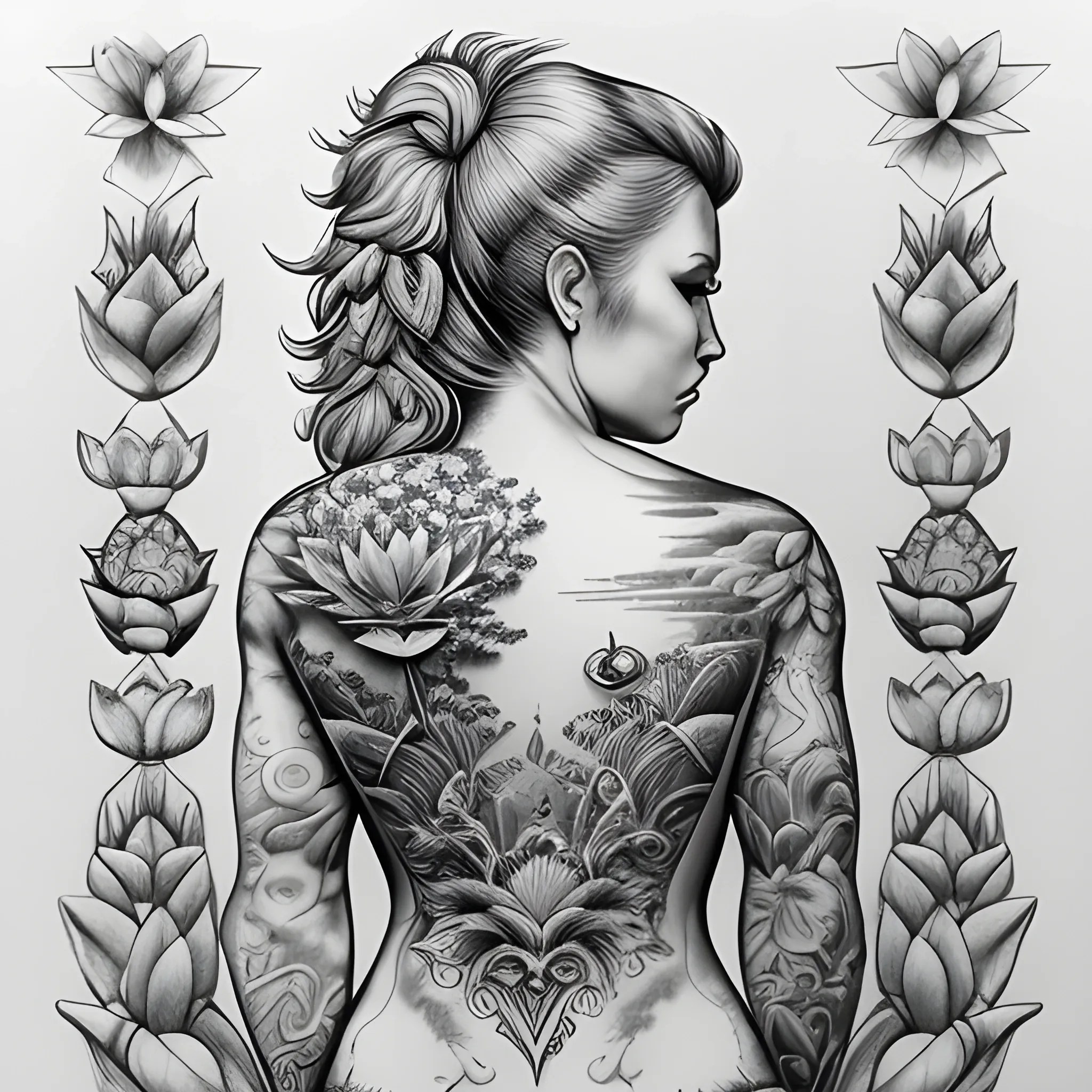 Full back woman tattoo with a lioness, stars, water lily, coi fi