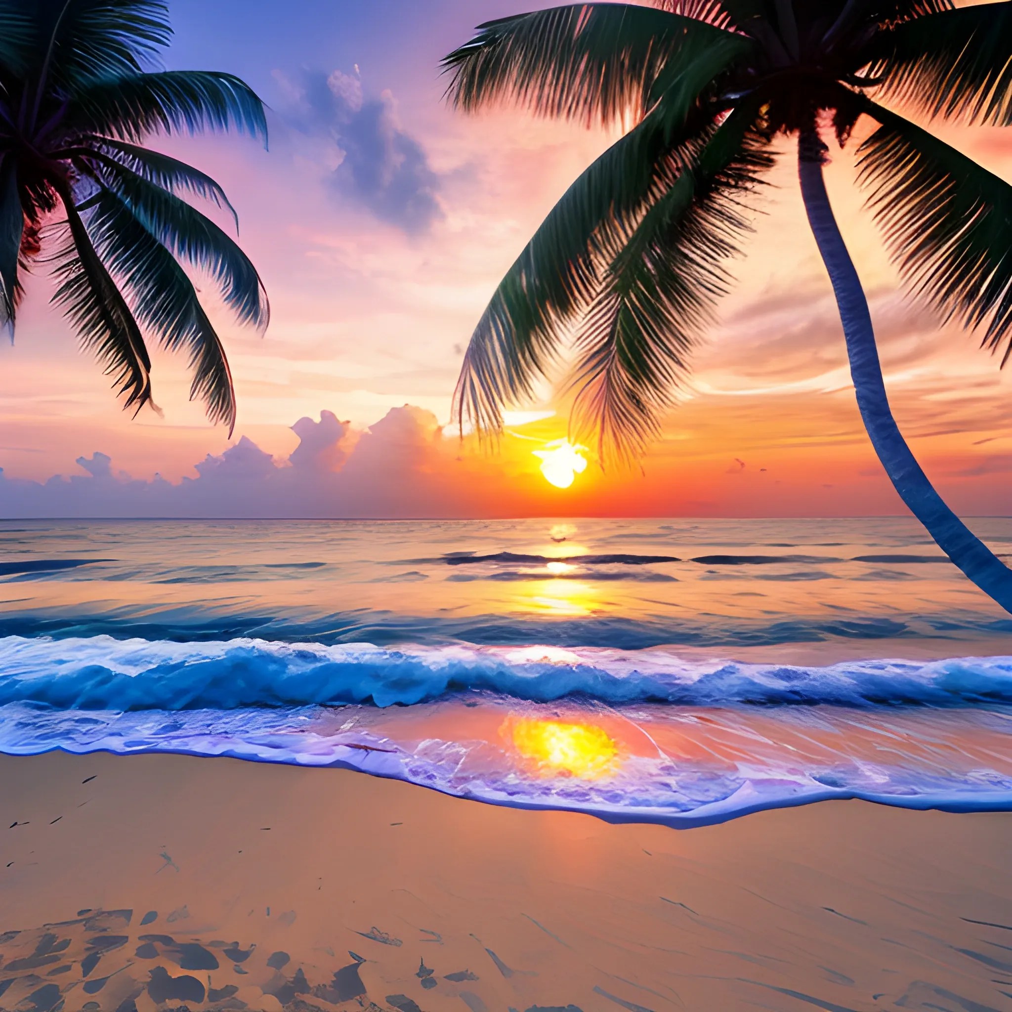 Beautiful coconut trees in beach with sunset Arthub.ai