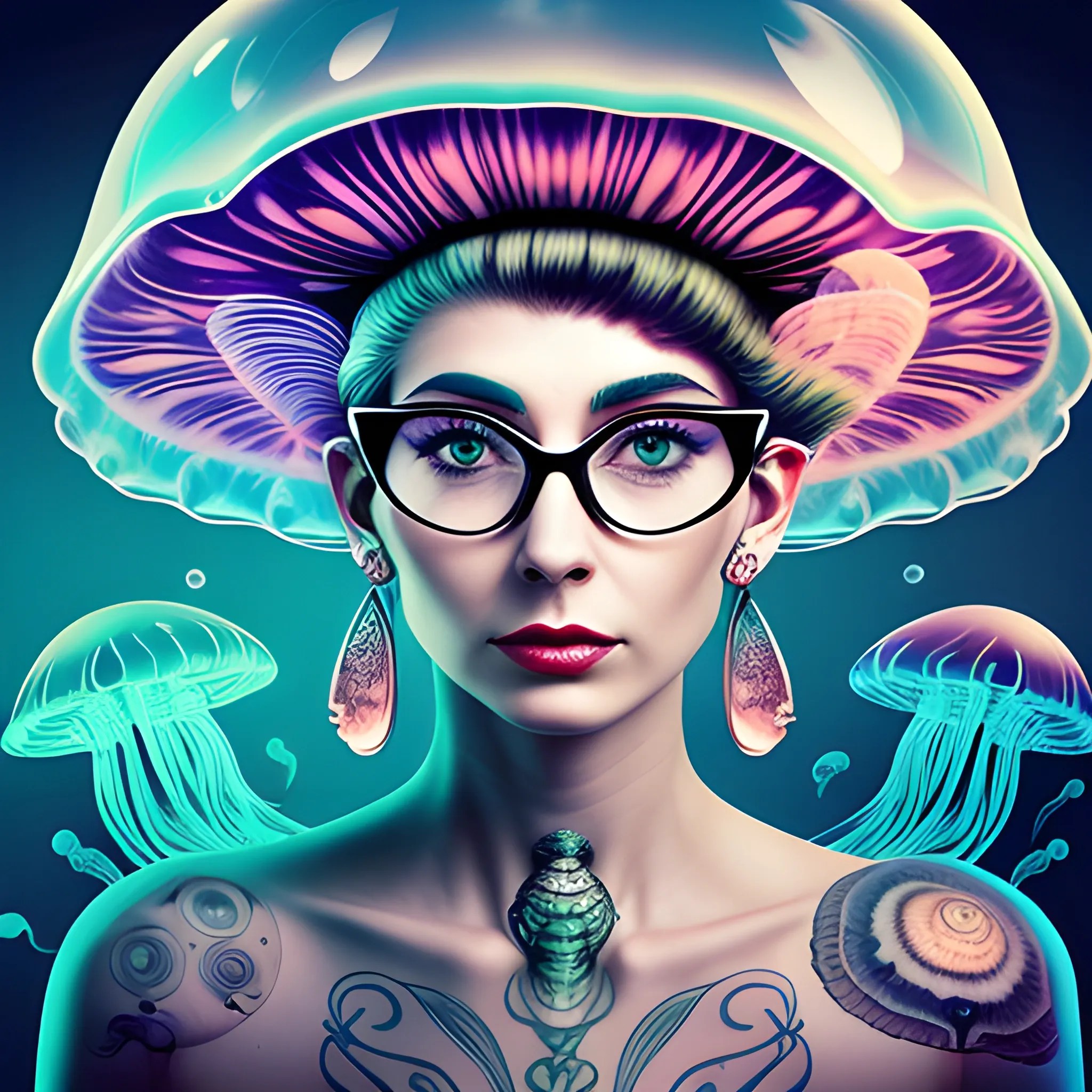 woman with helmet and futuristic glasses and tattoos and earrin