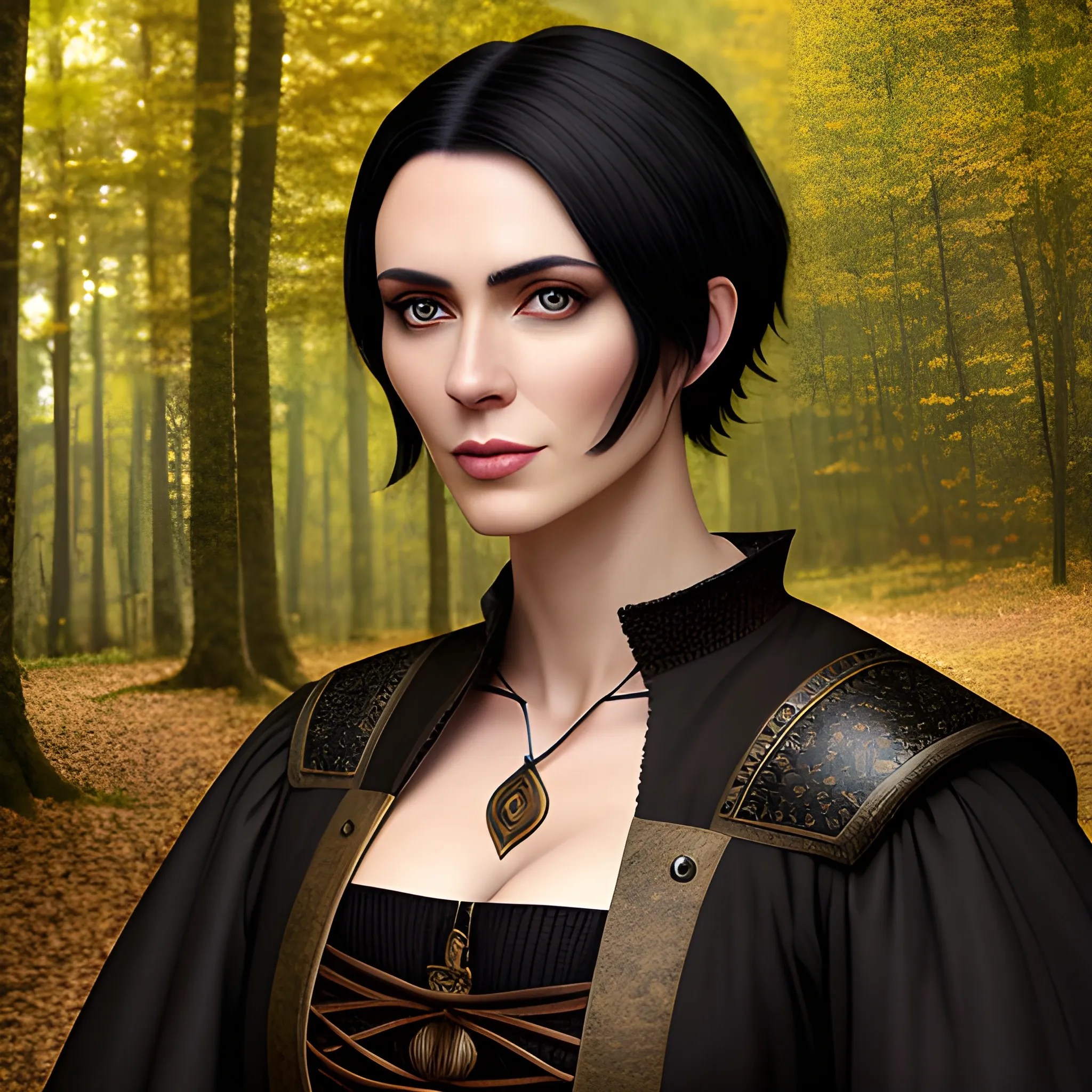 a child in medieval travelers clothes, portrait, black short hair