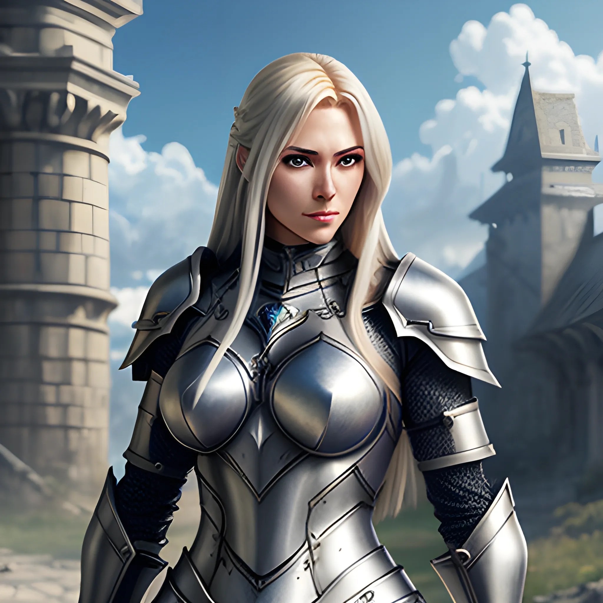 paladin girl character art, silver armor, fantasy female armor