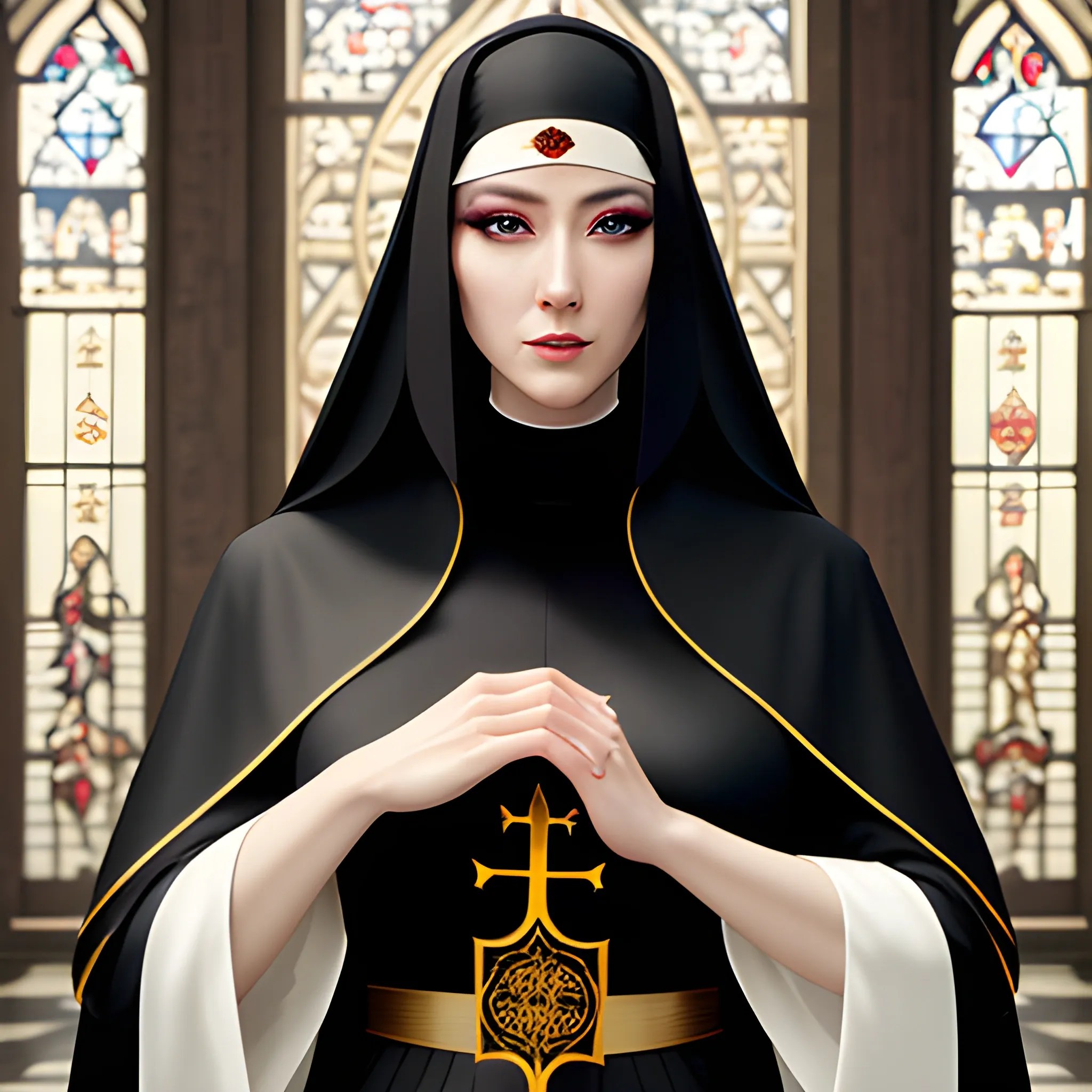 beautiful girl, priestess, long hair, nun robes, black hair, rea