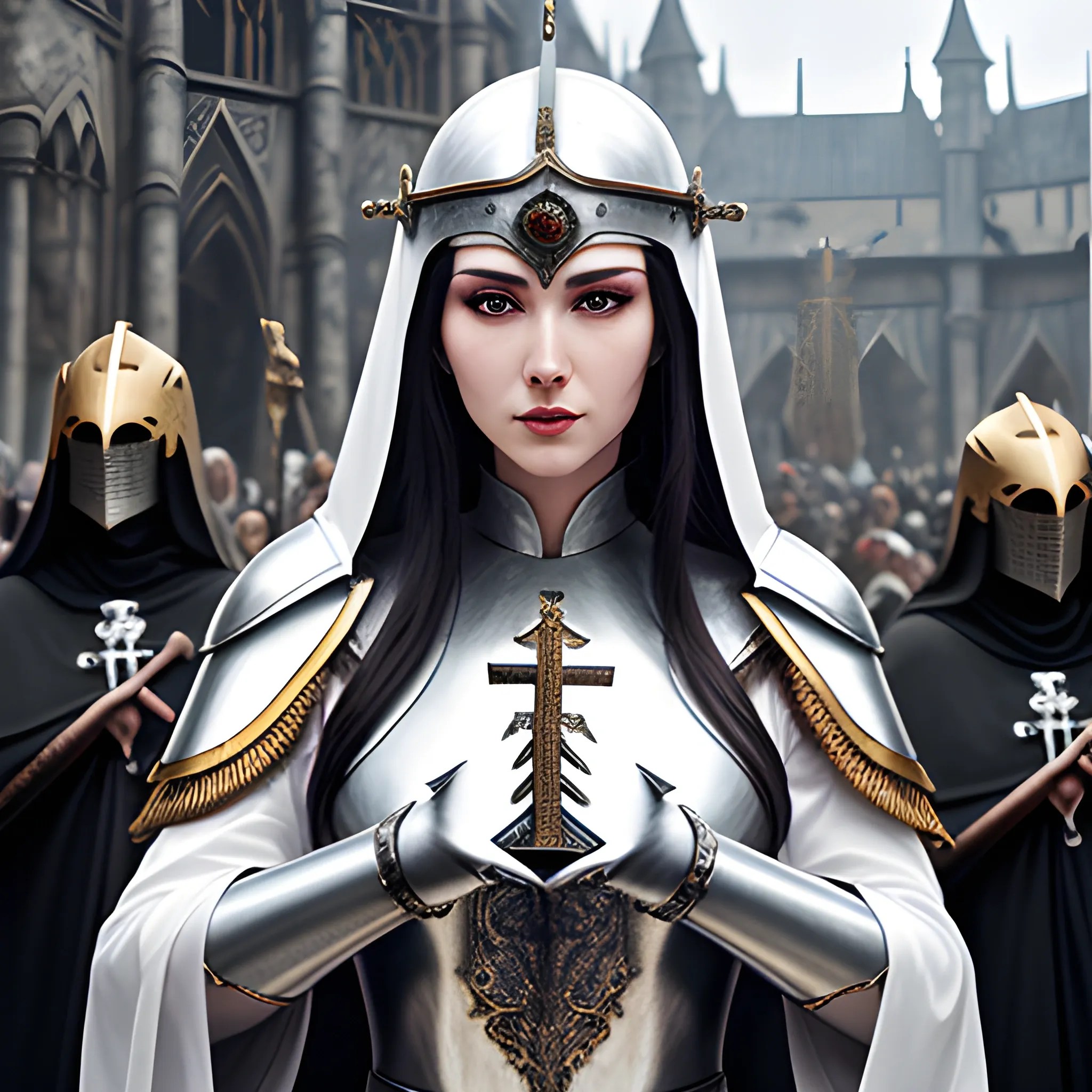 full face metal knight helmet, priestess robes, beautiful girl