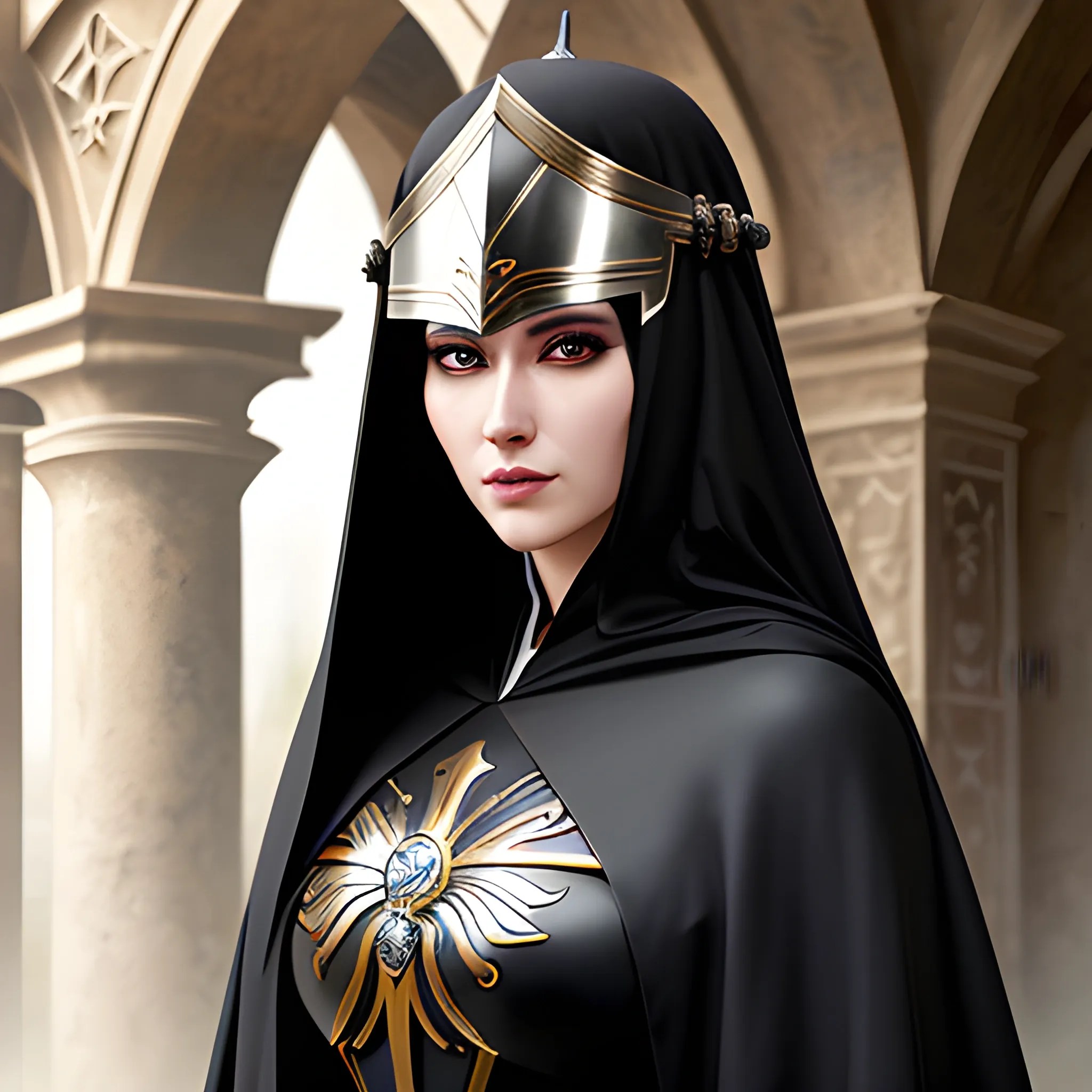 full face metal knight helmet, priestess robes, beautiful girl