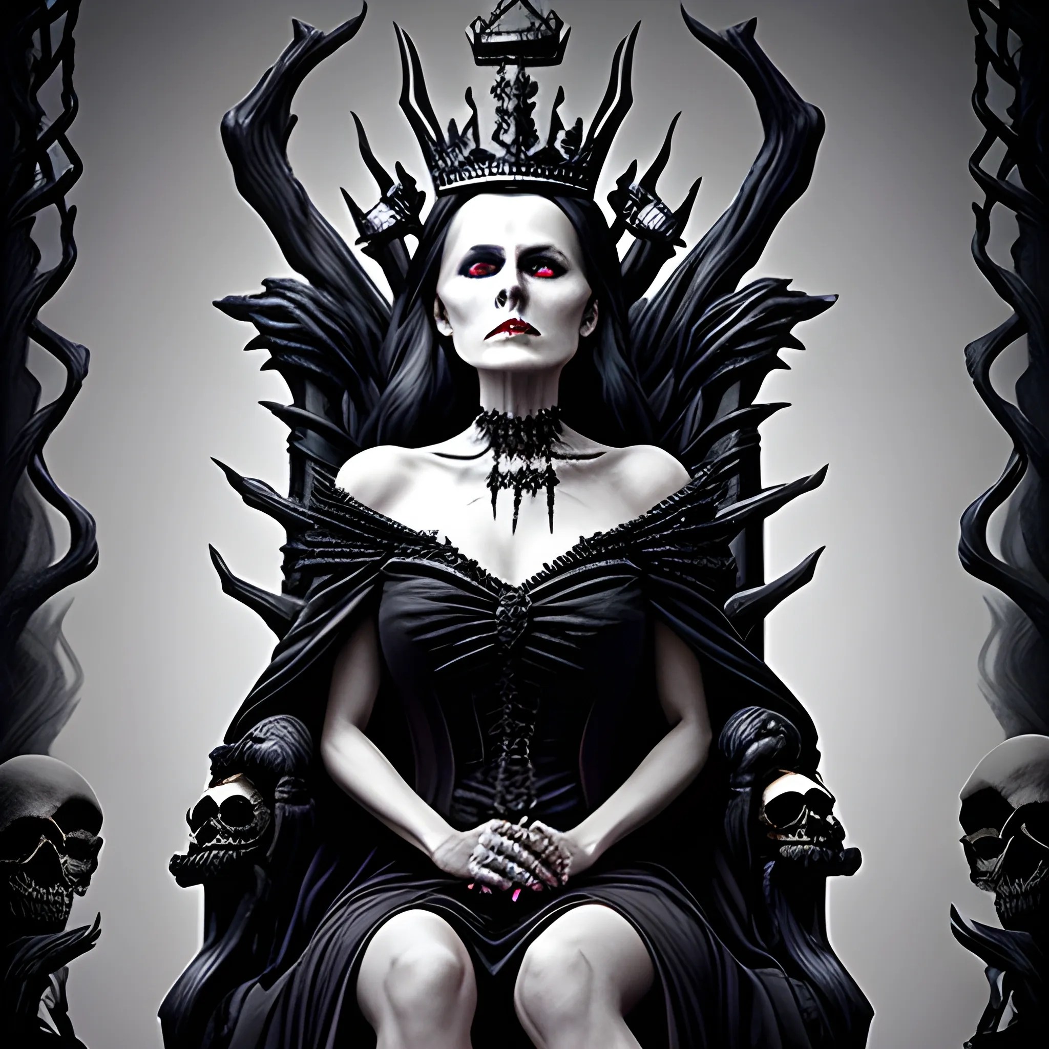 Dark queen sitting on a detailed bone throne, beautiful evil que
