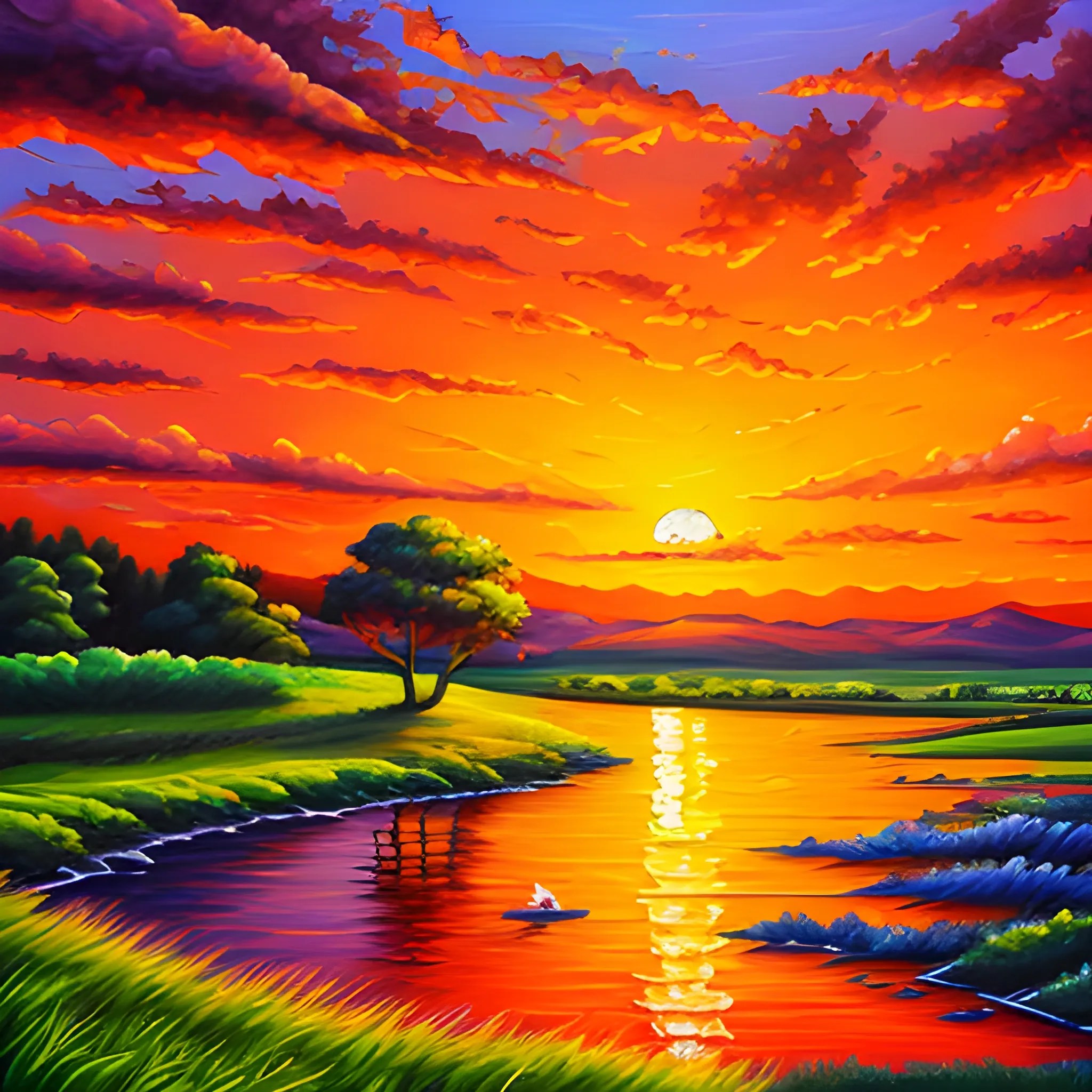 Sunset landscape painting, oil painting style, Cartoon Arthub.ai