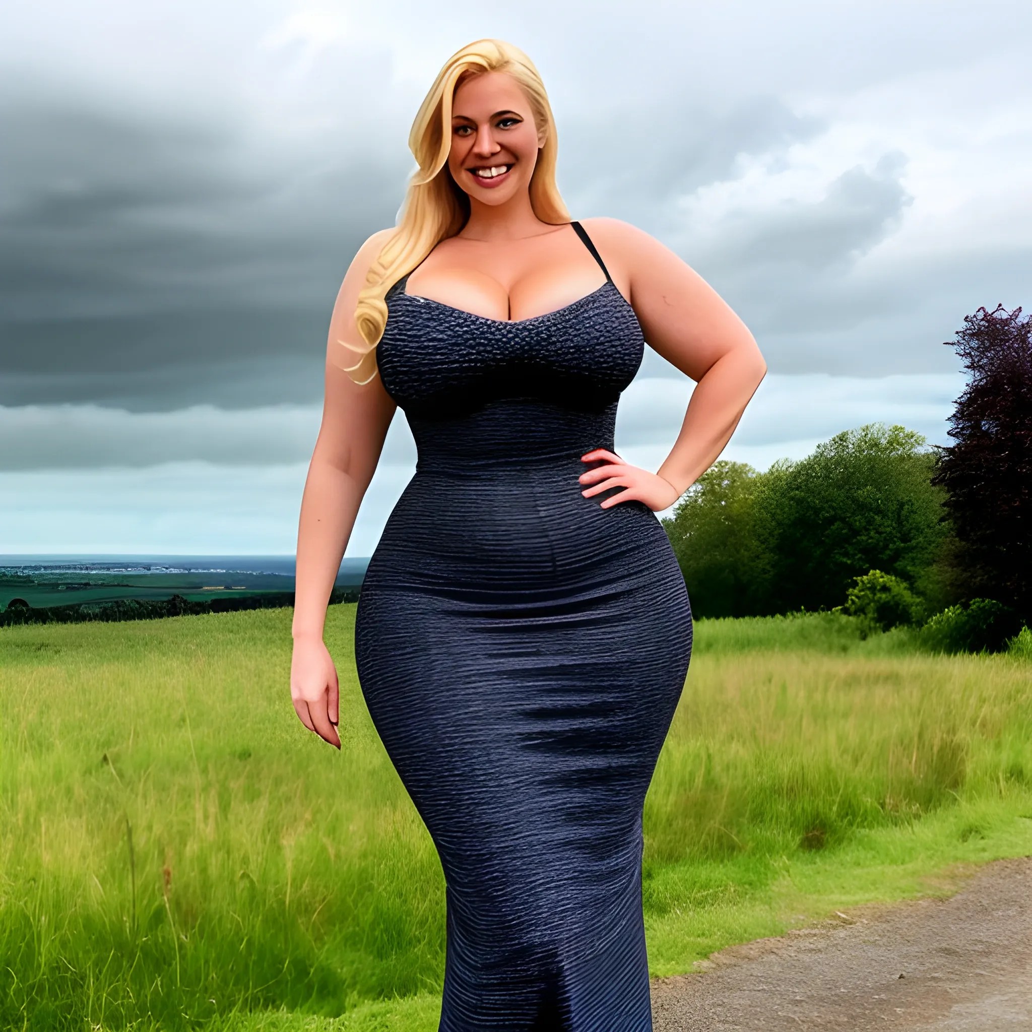 very tall robust curvy gently smiling blonde girl standing under clouds